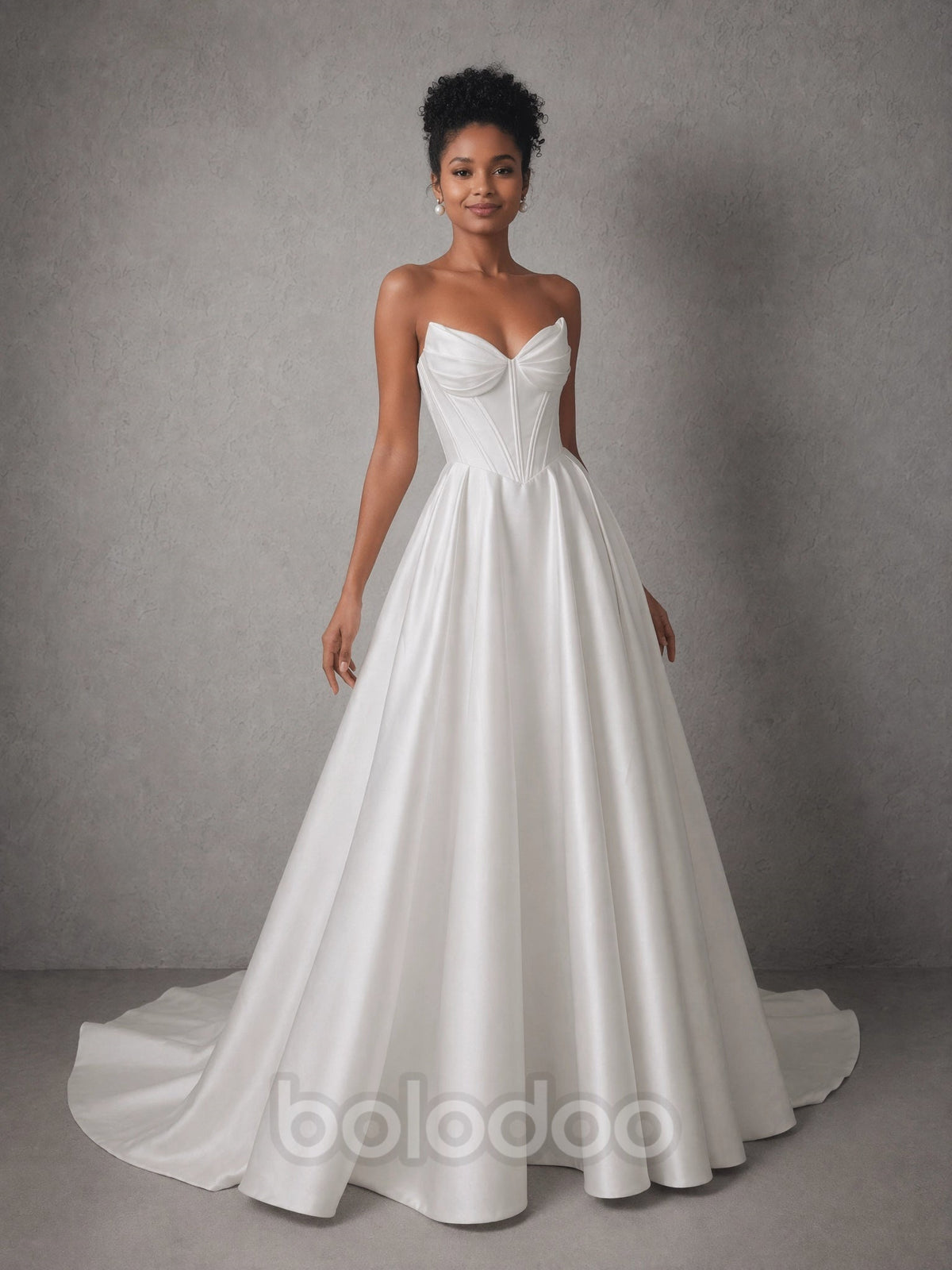BOLODOO White Strapless Sweetheart Ruched Satin Corset Ballgown Wedding Dress with Train evening gown | BOLODOO watermark