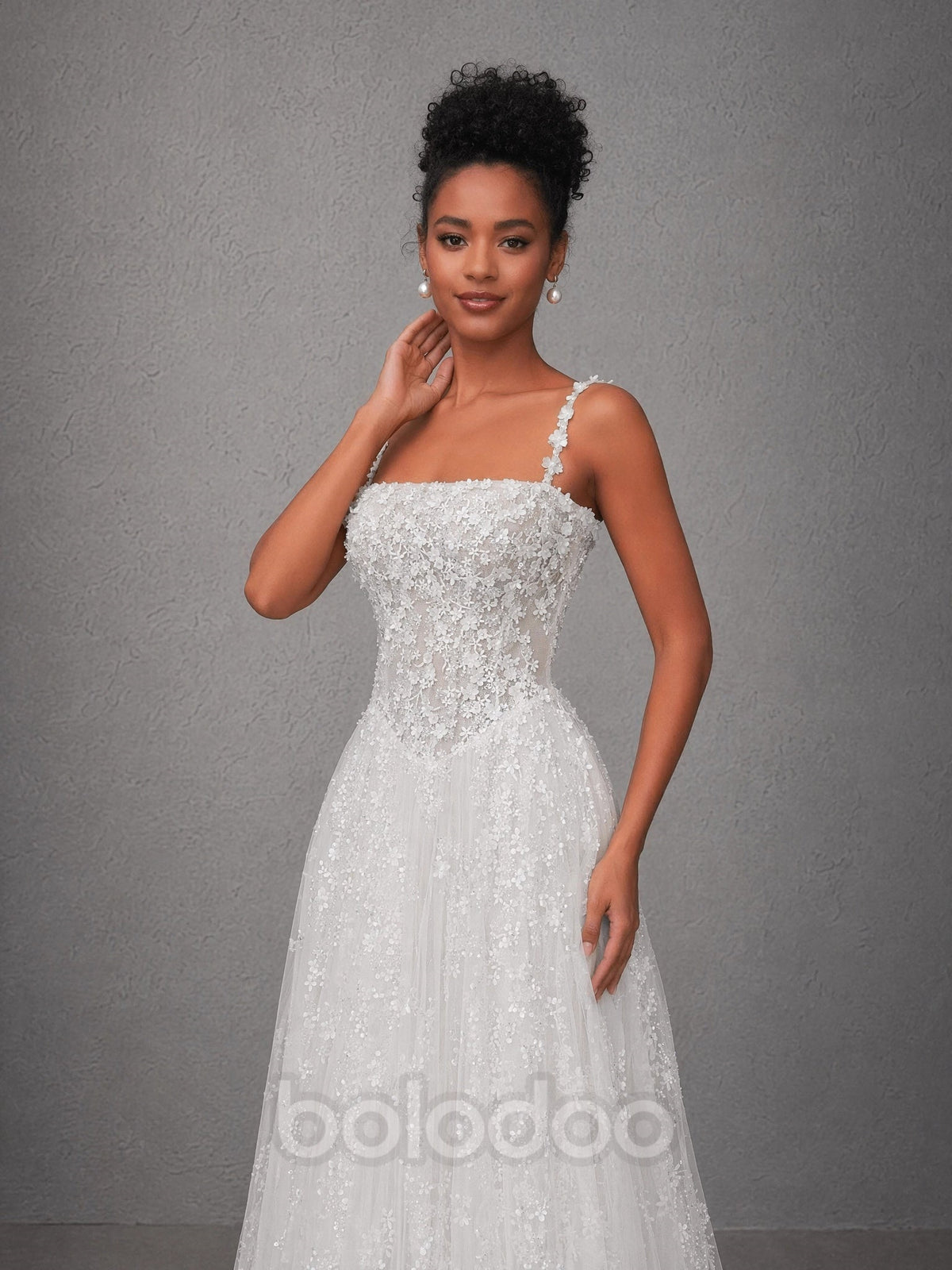 BOLODOO White Square Neck 3D Floral Strap Beaded Lace Corset A-Line Wedding Gown with Glitter Tulle Train evening gown | BOLODOO watermark
