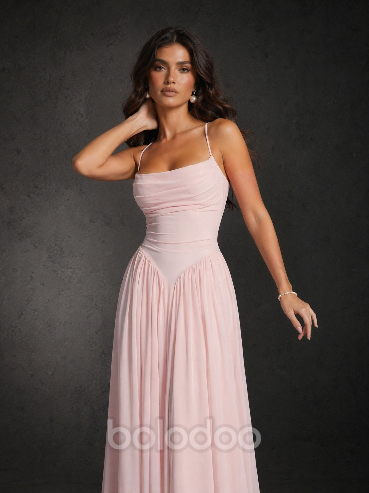 BOLODOO Blush Pink Spaghetti Strap Square Neck Ruched Chiffon Maxi Dress with Lace-Up Back maxi dress | BOLODOO watermark