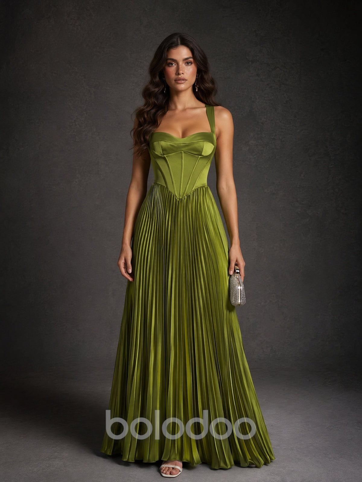 BOLODOO Olive Green Wide Strap Sweetheart Satin Boned Corset Pleated Maxi Dress with Lace-Up Back maxi dress | BOLODOO watermark