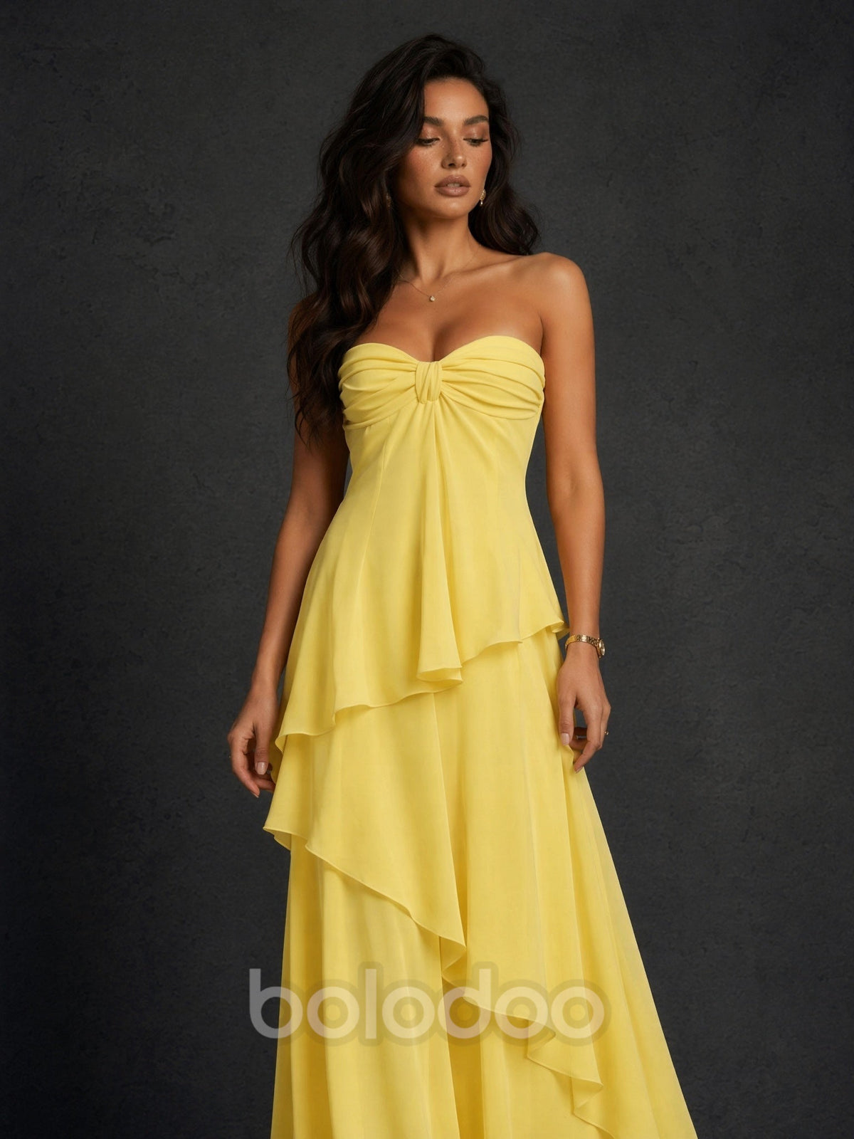 BOLODOO Yellow Strapless Sweetheart Knotted Chiffon Tiered Maxi Dress with Lace-Up Back maxi dress | BOLODOO watermark