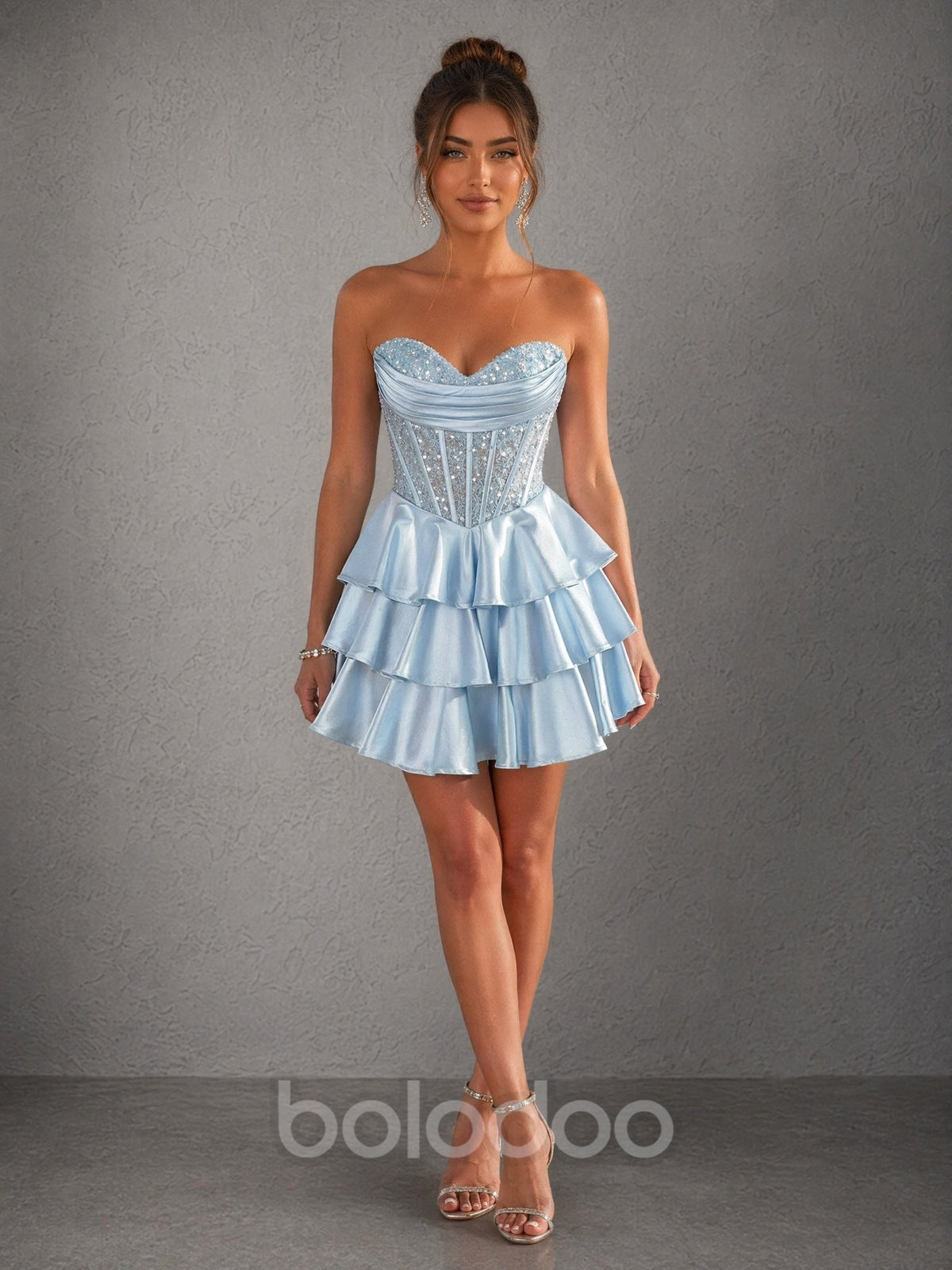 BOLODOO Light Blue Strapless Sweetheart Beaded Ruched Satin Boned Corset Tiered Mini Dress with Lace-Up Back mini dress | BOLODOO watermark