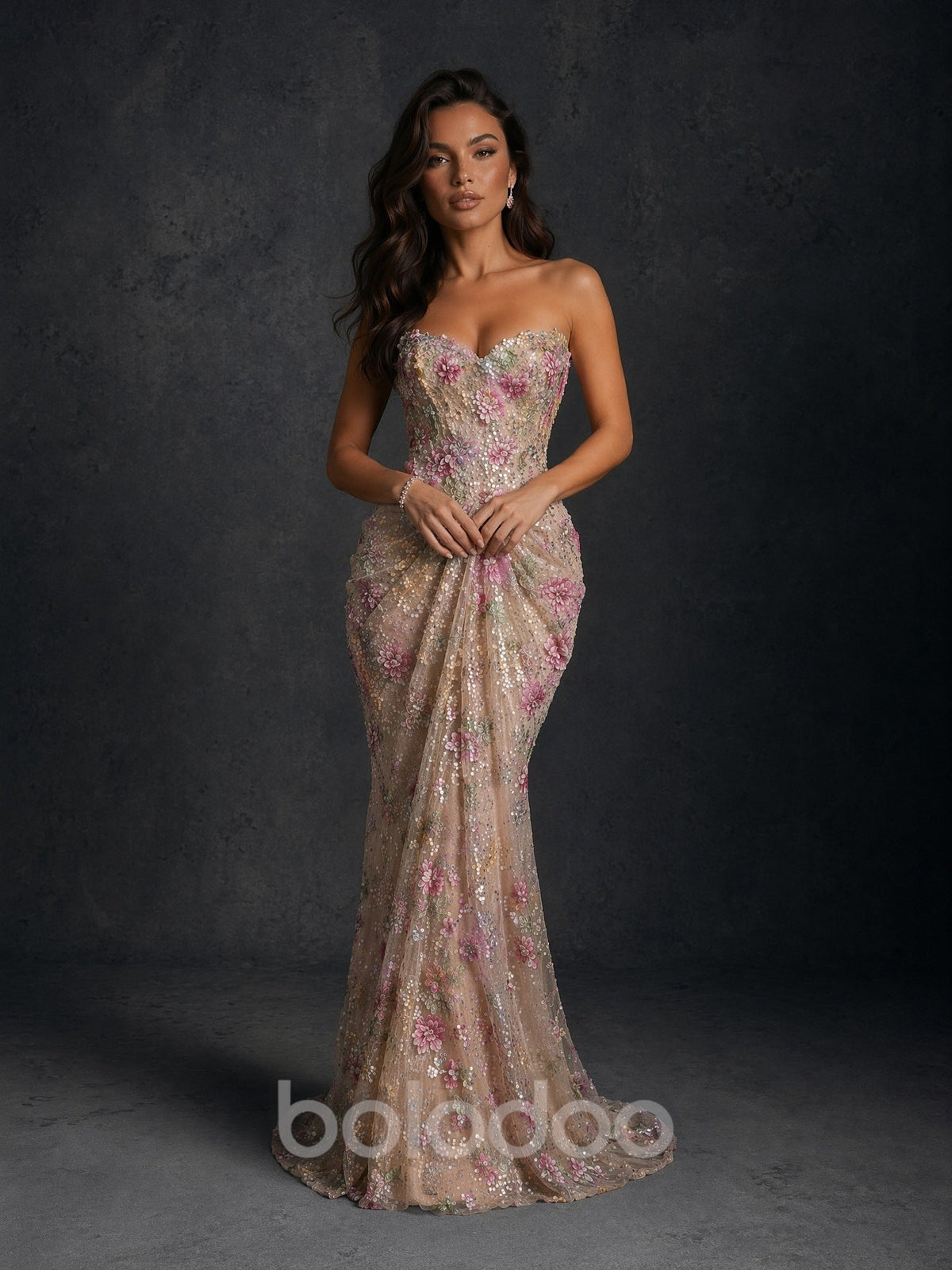 BOLODOO Champagne 3D Floral Sequin Strapless Mermaid Evening Gown with Sweep Train evening gown | BOLODOO watermark