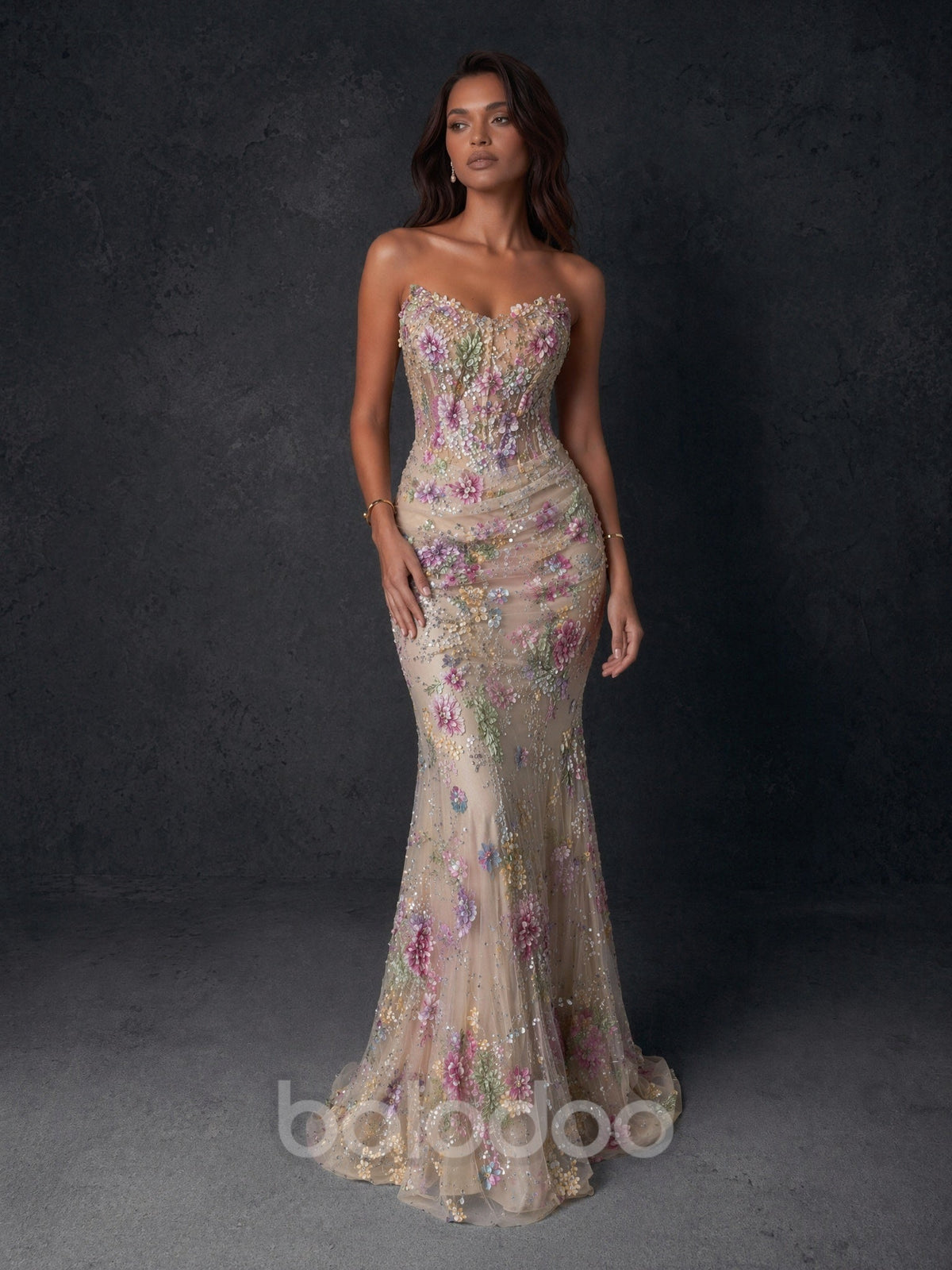 BOLODOO Champagne Floral Sequin Strapless Corset Mermaid Gown with Sweep Train evening gown | BOLODOO watermark