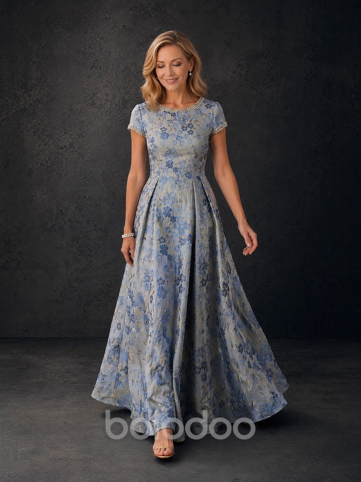 BOLODOO Steel Blue Floral Jacquard Pearl Trim A-Line Mother of the Bride Gown with Short Sleeves evening gown | BOLODOO watermark