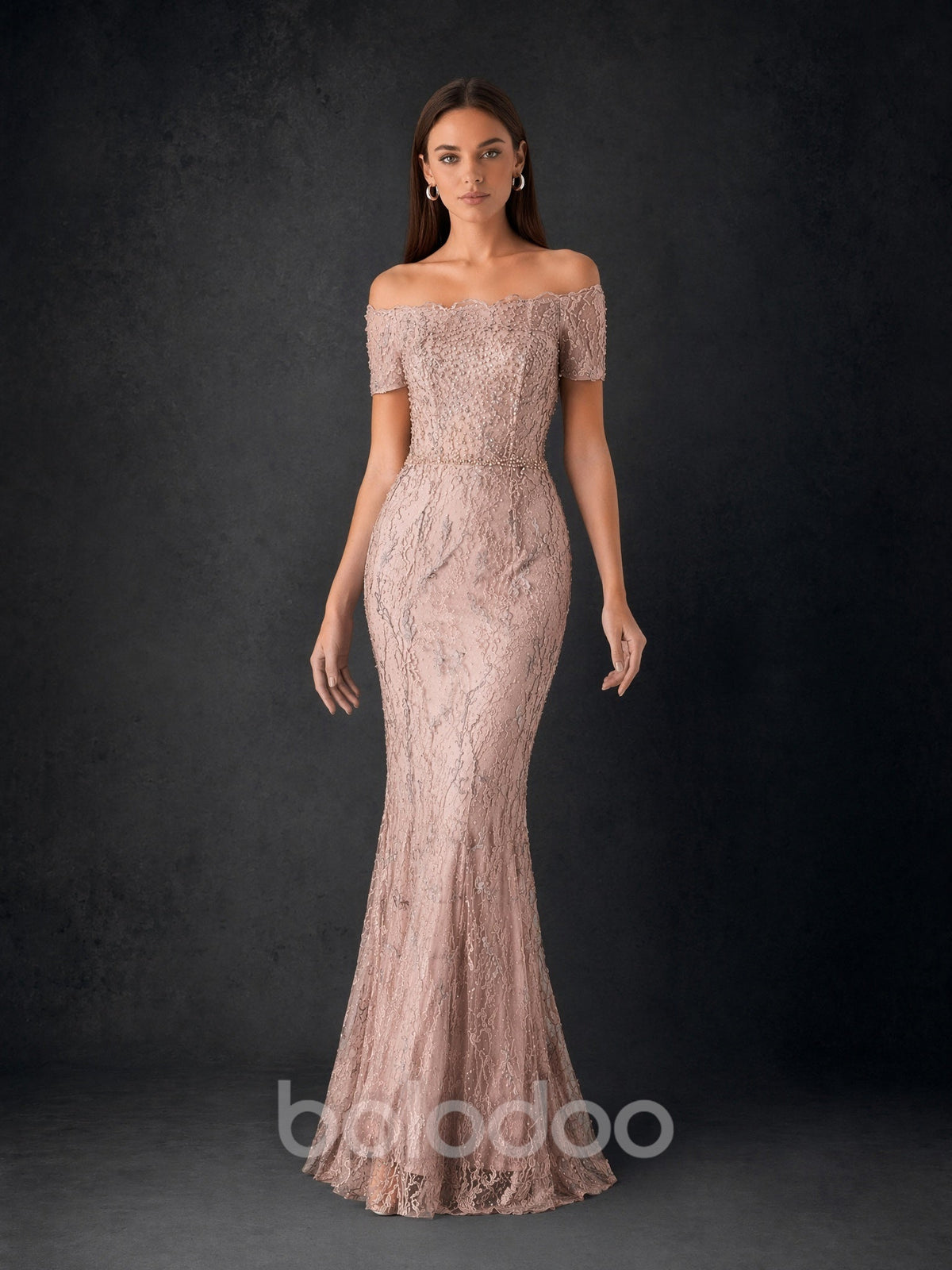 BOLODOO Rose Gold Beaded Lace Off-Shoulder Mermaid Formal Evening Gown with Short Sleeves evening gown | BOLODOO watermark