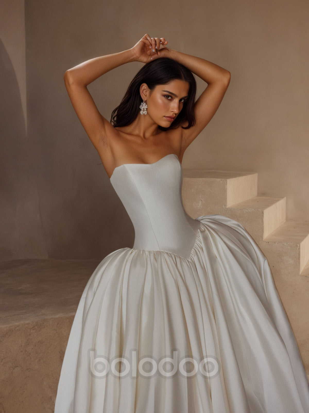 BOLODOO Ivory Strapless Boned Corset Satin Ball Gown Wedding Dress - bodice close-up strapless corset | BOLODOO watermark