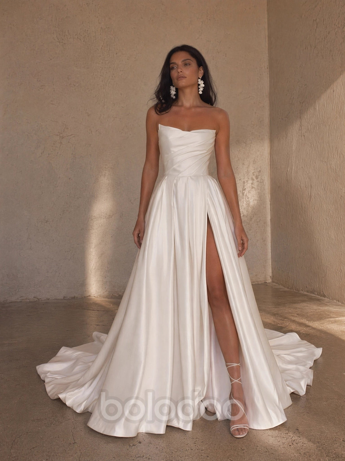 BOLODOO Ivory Strapless Sweetheart Ruched Satin A-Line Wedding Gown - front view 2 with train | BOLODOO watermark