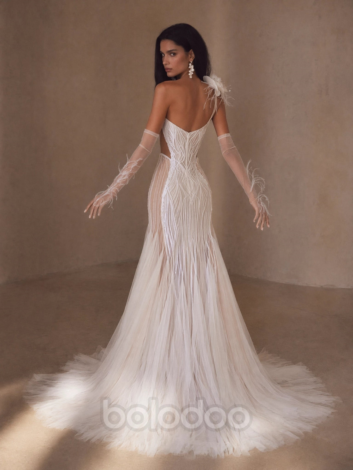 BOLODOO Ivory Strapless Sweetheart Beaded Line Embroidered Feather Trim Mermaid Wedding Gown - back view open back with feather train | BOLODOO watermark