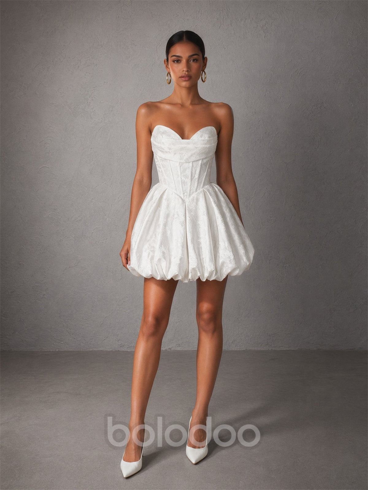 BOLODOO white strapless bubble mini dress - close-up corset bodice detail | BOLODOO watermark