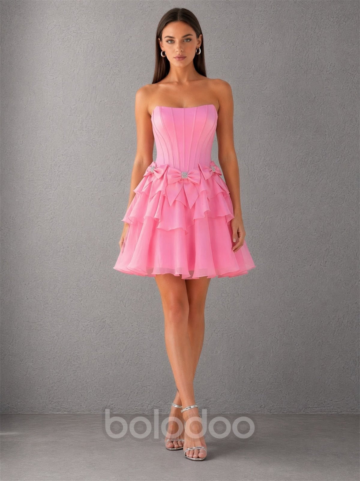 BOLODOO hot pink organza bow corset strapless tiered ruffle mini dress - front full body view with gold heeled sandals | BOLODOO watermark