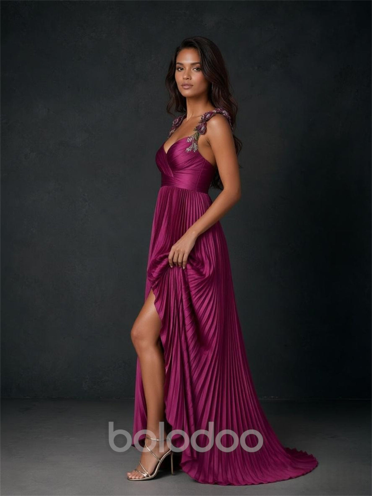 BOLODOO magenta pleated chiffon gown - side view showing high side slit and flowing pleated skirt movement | BOLODOO watermark