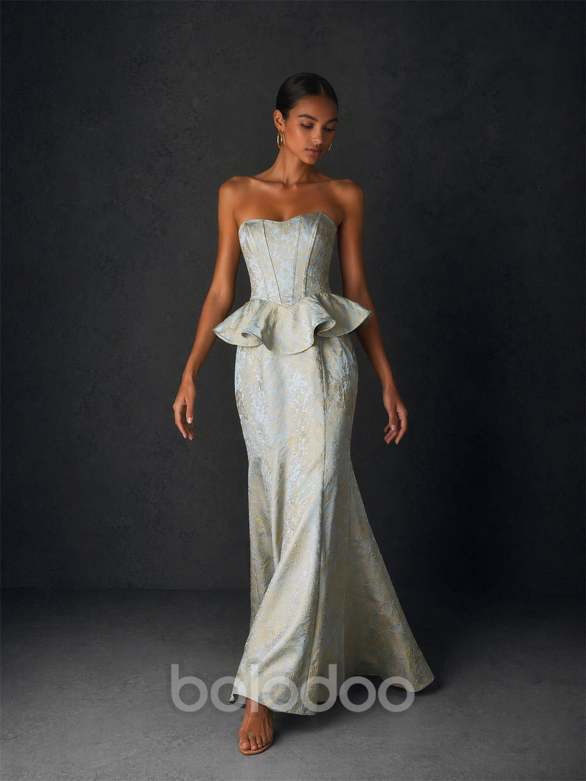 BOLODOO ice blue gold jacquard strapless peplum mermaid gown - front full body view showing complete silhouette with peplum waist and floor-length mermaid skirt | BOLODOO watermark