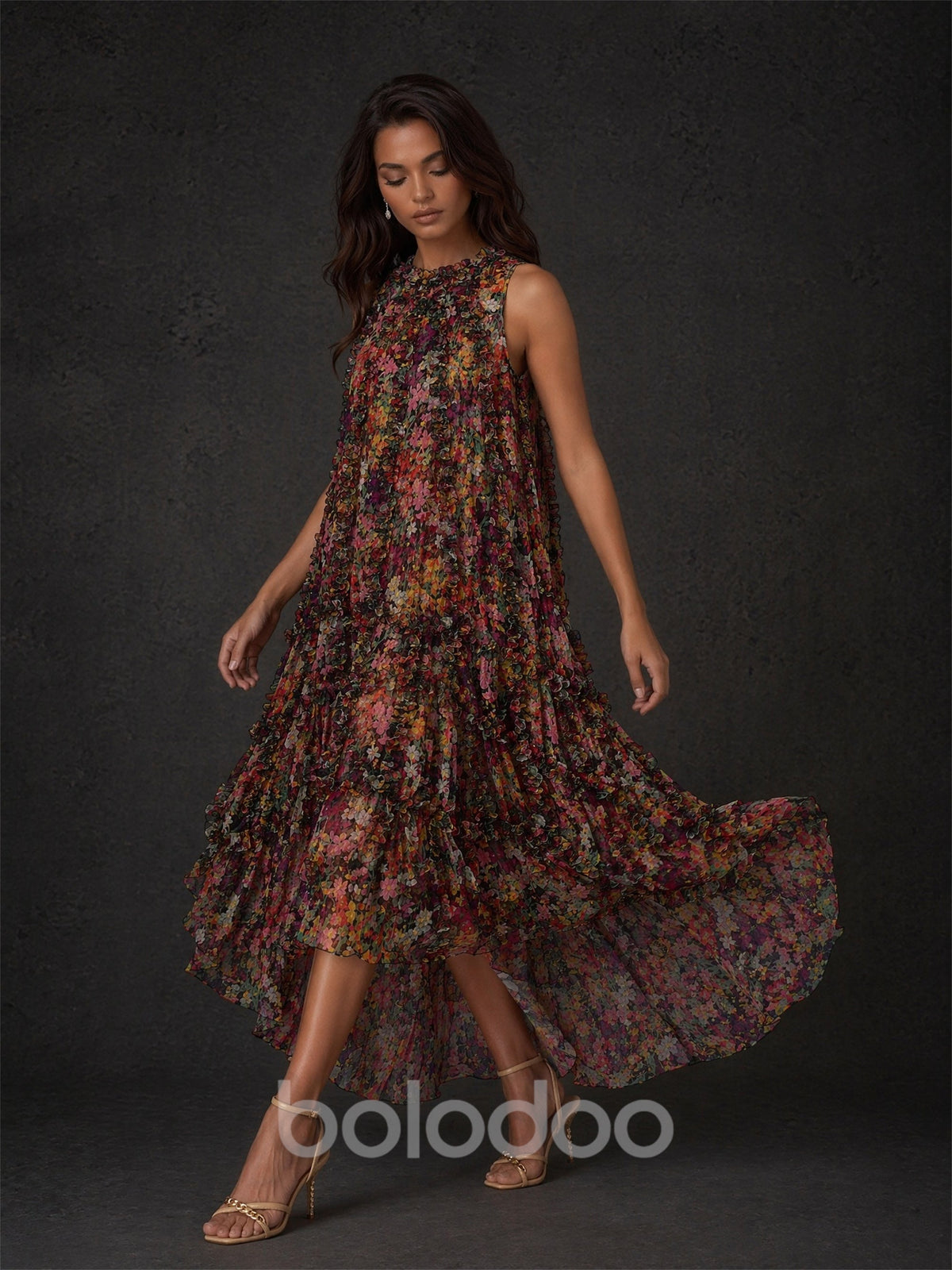 BOLODOO burgundy floral crinkle chiffon maxi dress - front close-up showing ruched mock neck and autumnal floral print detail | BOLODOO watermark