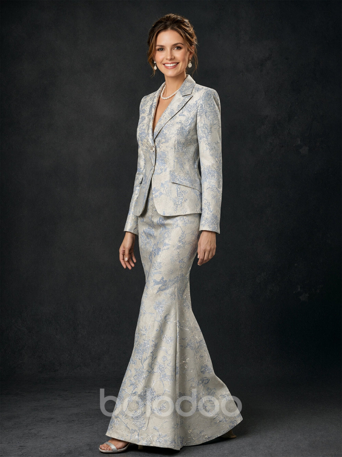 BOLODOO silver blue floral jacquard 2-piece blazer and mermaid skirt set - front full body view showing notch lapel blazer and floor-length mermaid skirt | BOLODOO watermark