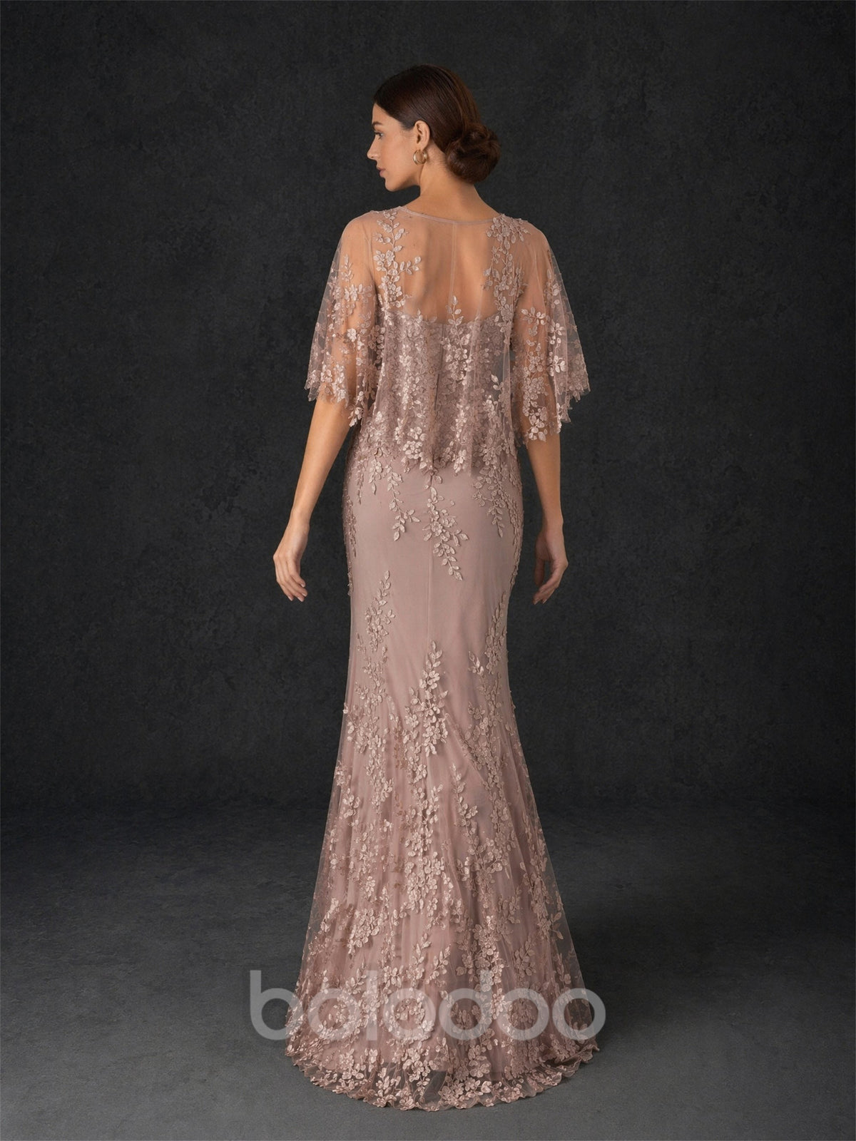 BOLODOO mocha rose botanical lace flutter sleeve mermaid gown - front full body view showing illusion scoop neck, flutter cape sleeves and fitted sheath silhouette | BOLODOO watermark