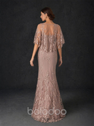 BOLODOO mocha rose botanical lace flutter sleeve mermaid gown - front full body view showing illusion scoop neck, flutter cape sleeves and fitted sheath silhouette | BOLODOO watermark