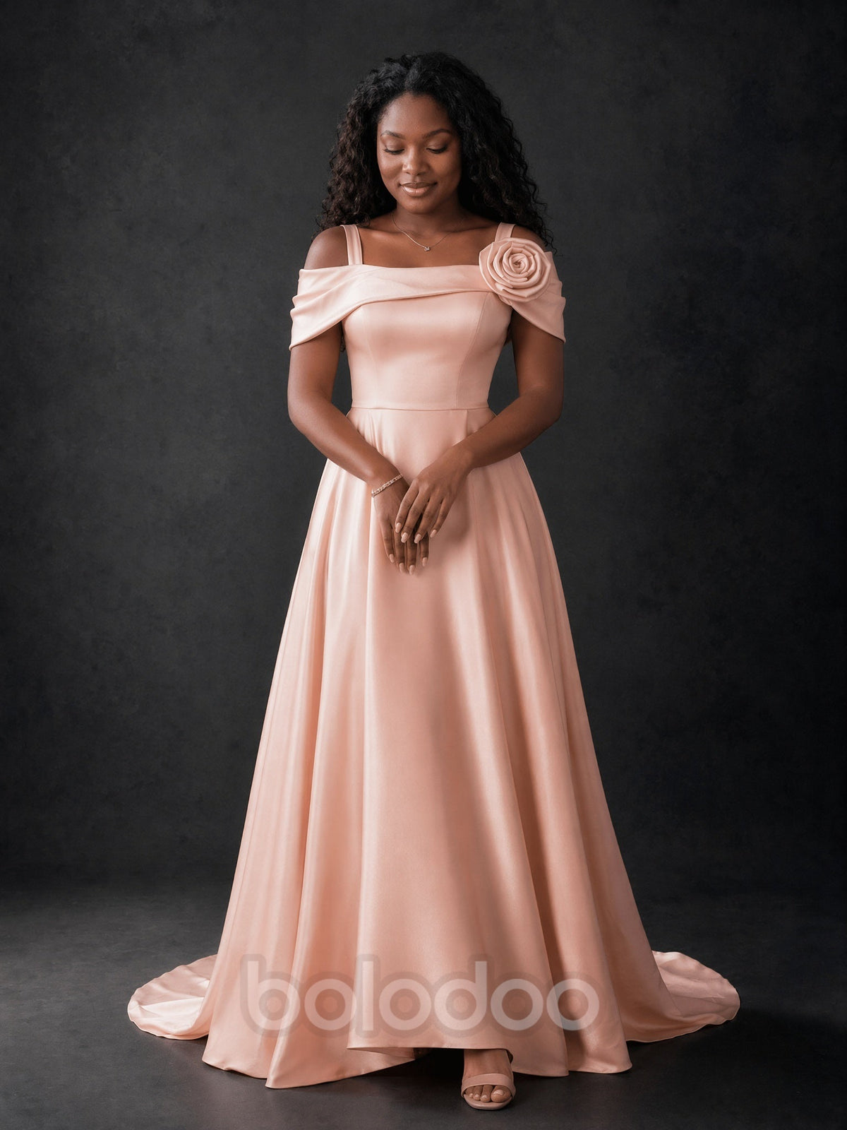 BOLODOO blush pink off-shoulder satin maxi dress with 3D rose - front full length looking down pose | BOLODOO watermark