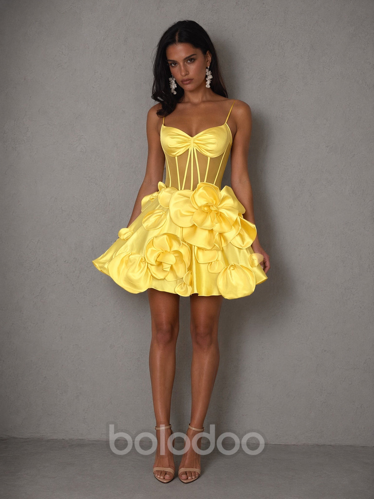 BOLODOO yellow 3D floral satin corset mini dress - front full length direct gaze | BOLODOO watermark