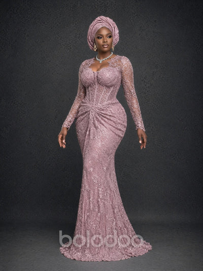 BOLODOO dusty mauve beaded sequin lace long sleeve mermaid gown - front full length side pose showing mermaid silhouette and ruched waist | BOLODOO watermark