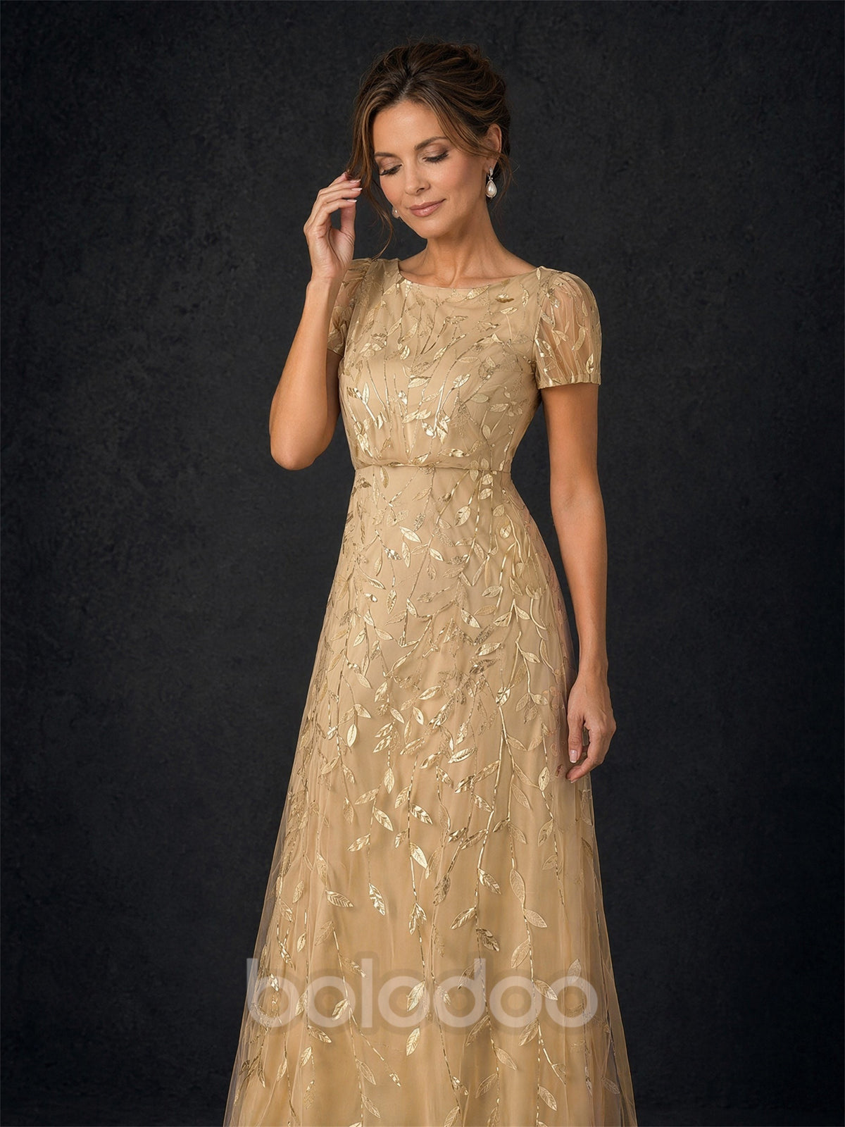 BOLODOO Champagne Gold Leaf Embroidered A-Line Formal Gown with Cap Sleeves | BOLODOO watermark