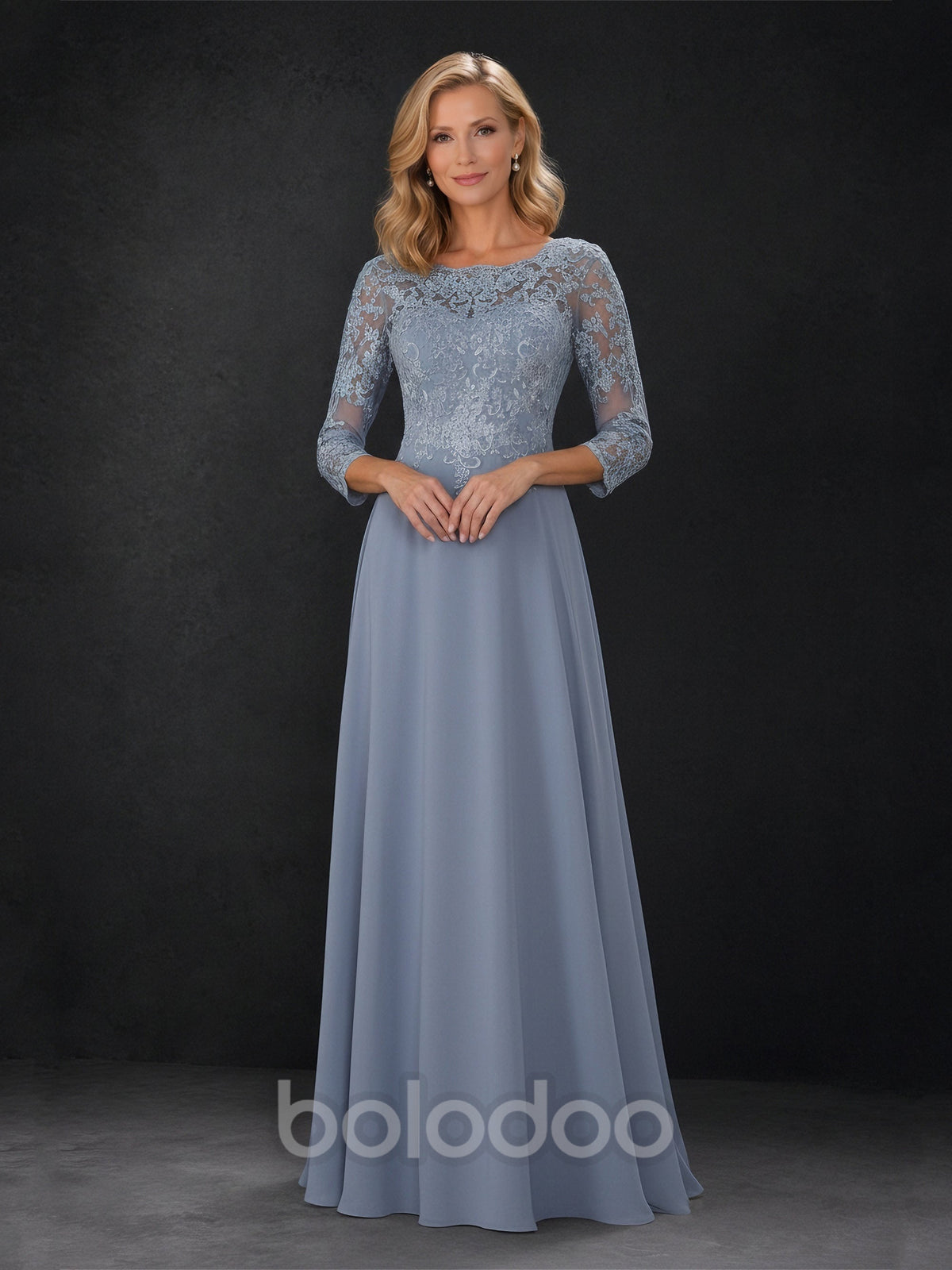BOLODOO Dusty Blue Lace Embroidered Mother of the Bride Dress with 3/4 Sleeves | BOLODOO watermark
