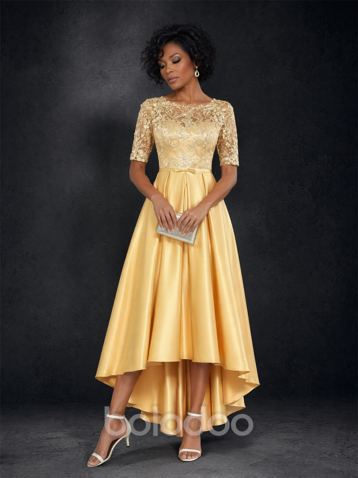 BOLODOO Gold Lace Hi-Low A-Line Mother of the Bride Dress with Half Sleeves | BOLODOO watermark