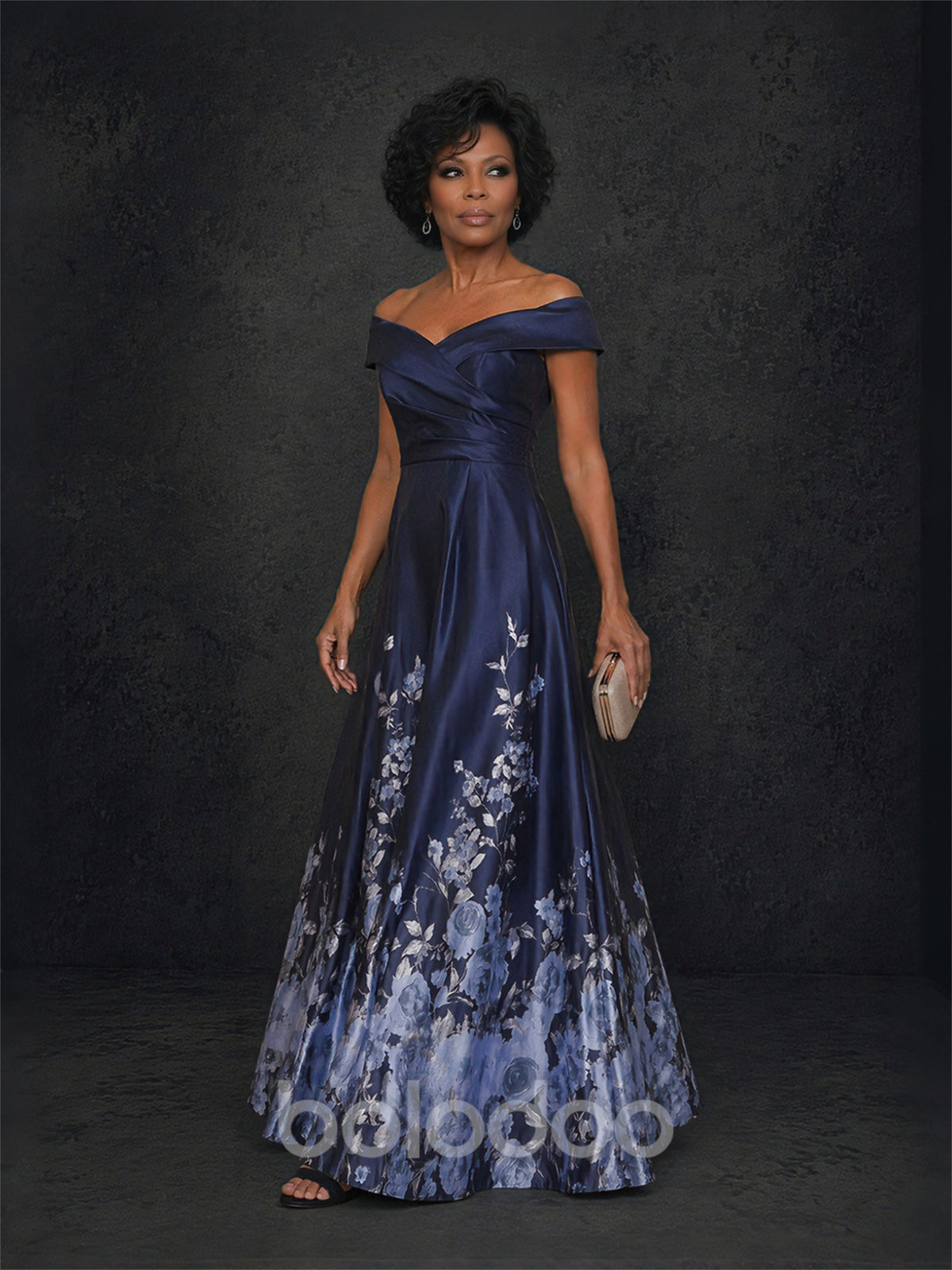BOLODOO Navy Blue Floral Print Off-Shoulder Satin A-Line Maxi Gown – Mother of the Bride & Formal Evening Dress | BOLODOO watermark