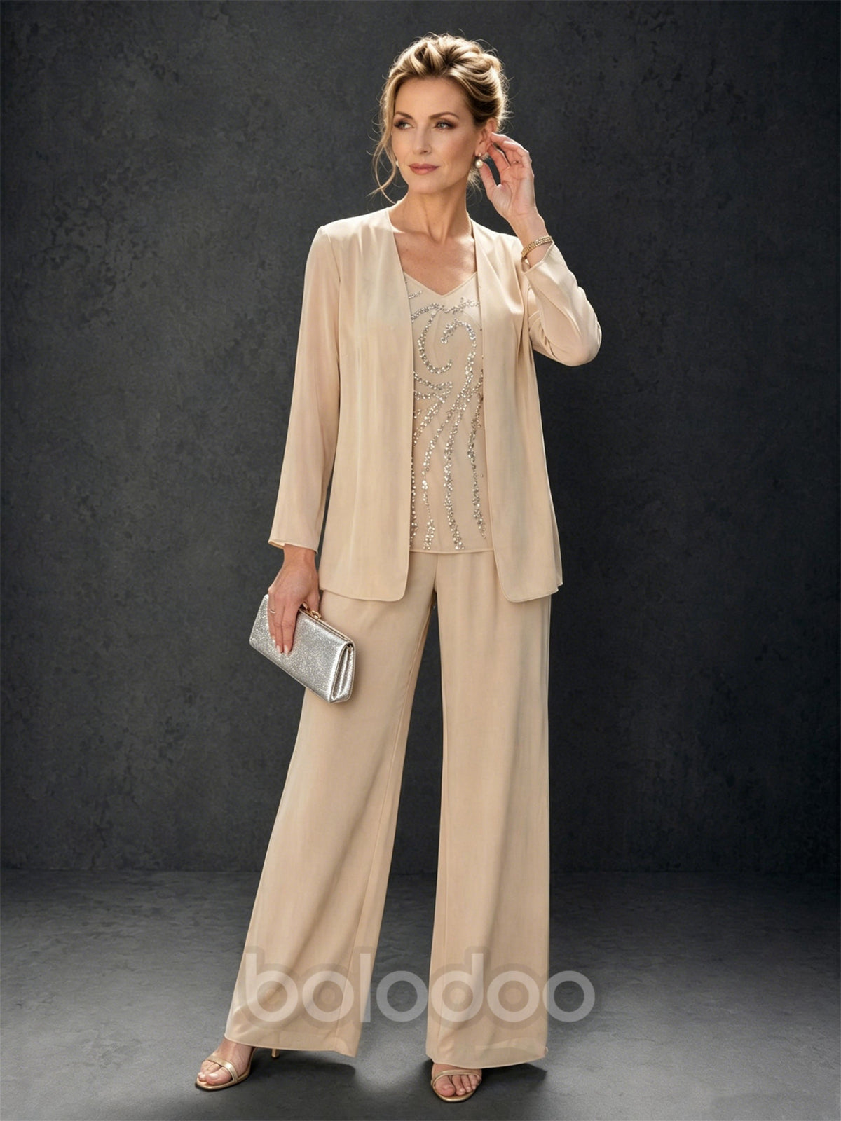 BOLODOO Champagne 3-Piece Mother of the Bride Pant Suit with Beaded Top & Chiffon Jacket | BOLODOO watermark