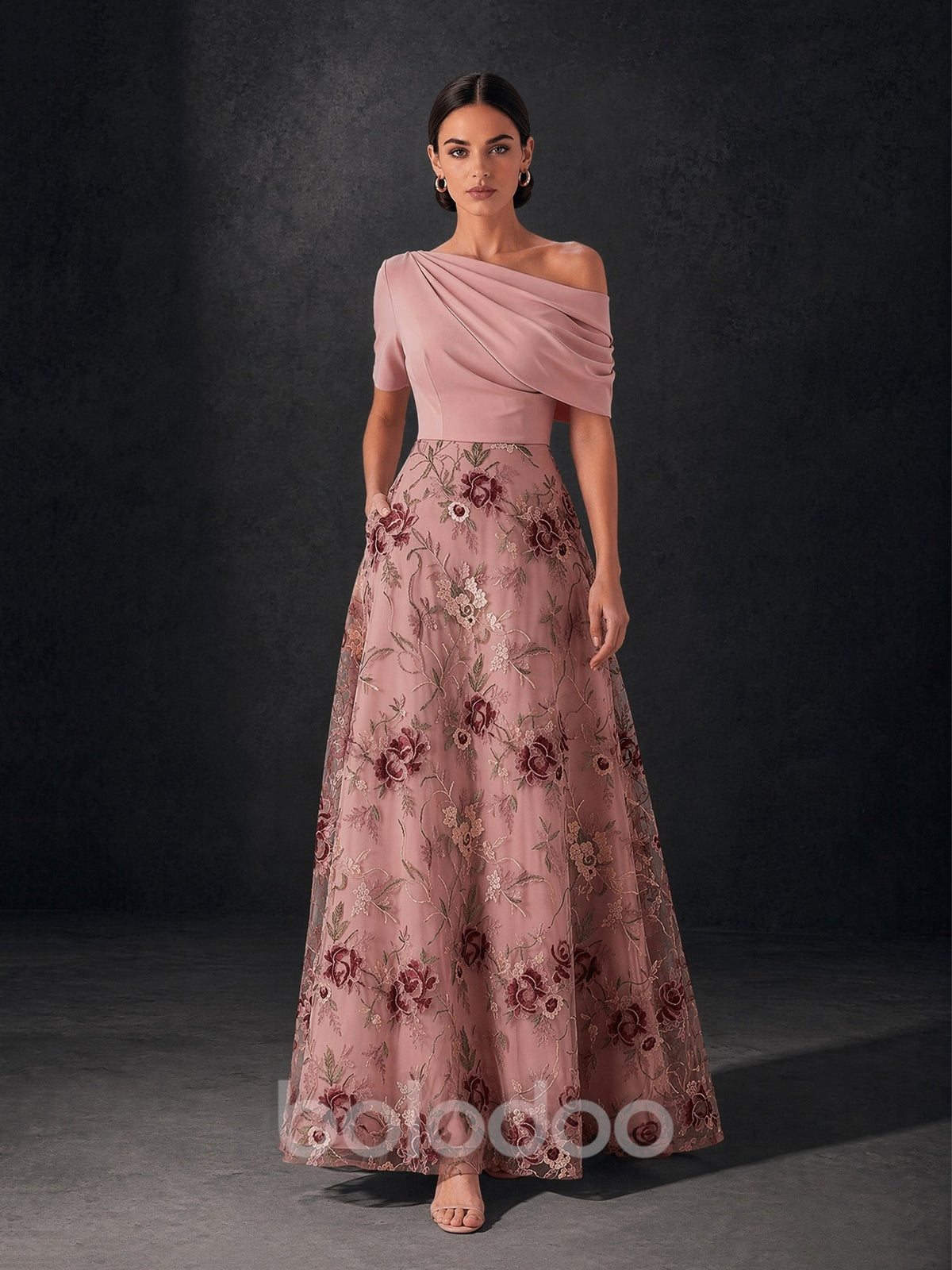 BOLODOO Blush Pink Off-Shoulder Draped Satin & Burgundy Floral Embroidered Tulle A-Line Gown – Short Sleeve Floor Length | BOLODOO watermark