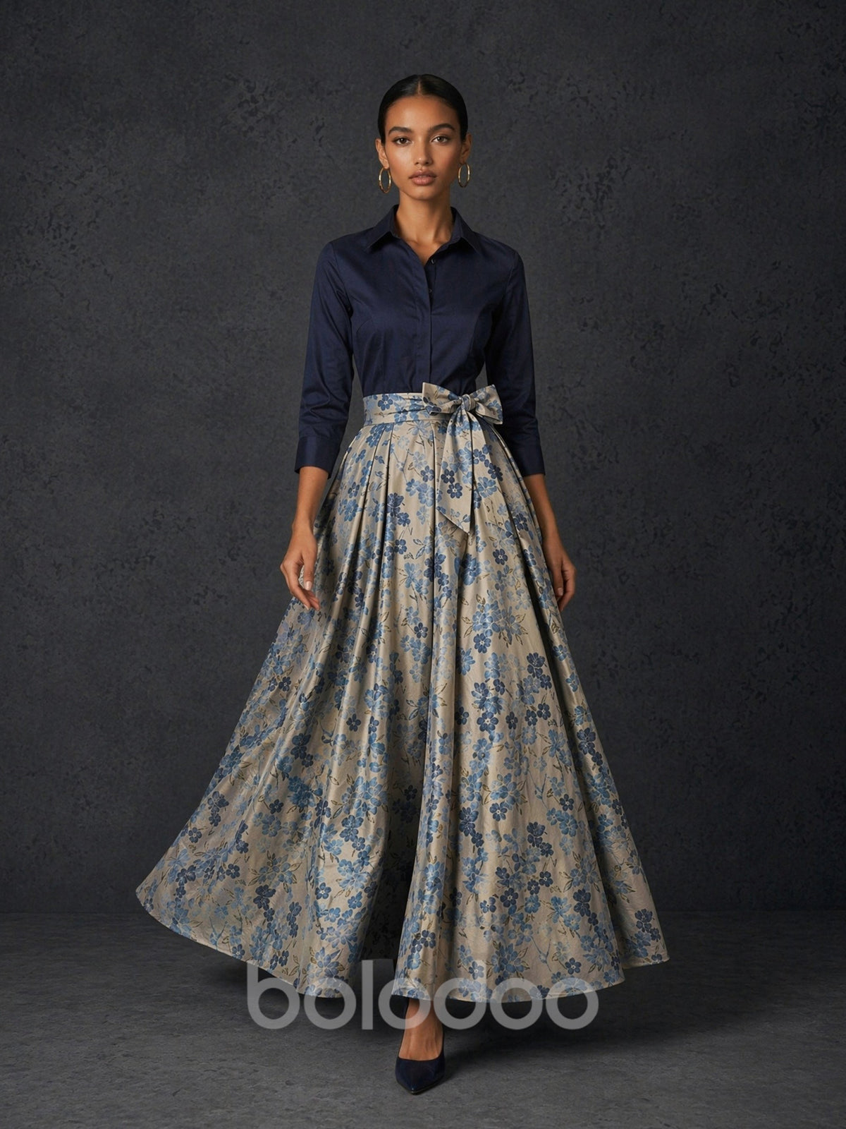 BOLODOO Navy Blue Shirt & Silver Blue Floral Jacquard Ball Skirt 2-Piece Set – 3/4 Sleeve Bow Belt Floor Length Mother o | BOLODOO watermark