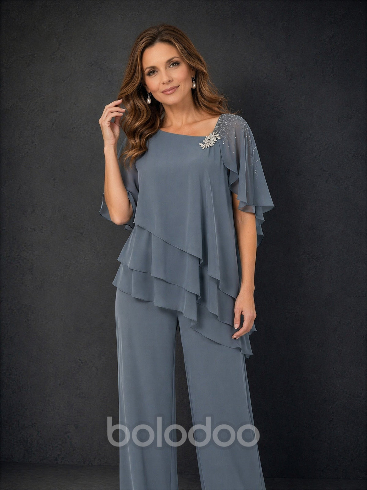 BOLODOO Dusty Blue Chiffon Tiered Flutter Sleeve Top & Wide-Leg Pants Suit – Mother of the Bride Outfit | BOLODOO watermark