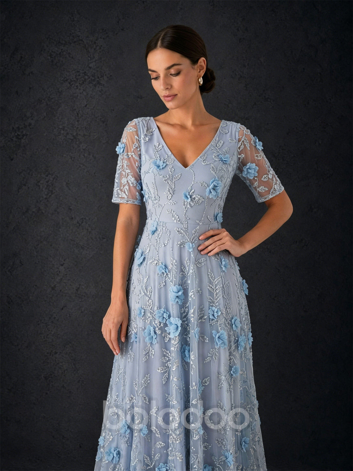 BOLODOO Dusty Blue 3D Floral Embroidered Tulle Maxi Gown – V-Neck Short Sleeve Mother of the Bride Dress | BOLODOO watermark