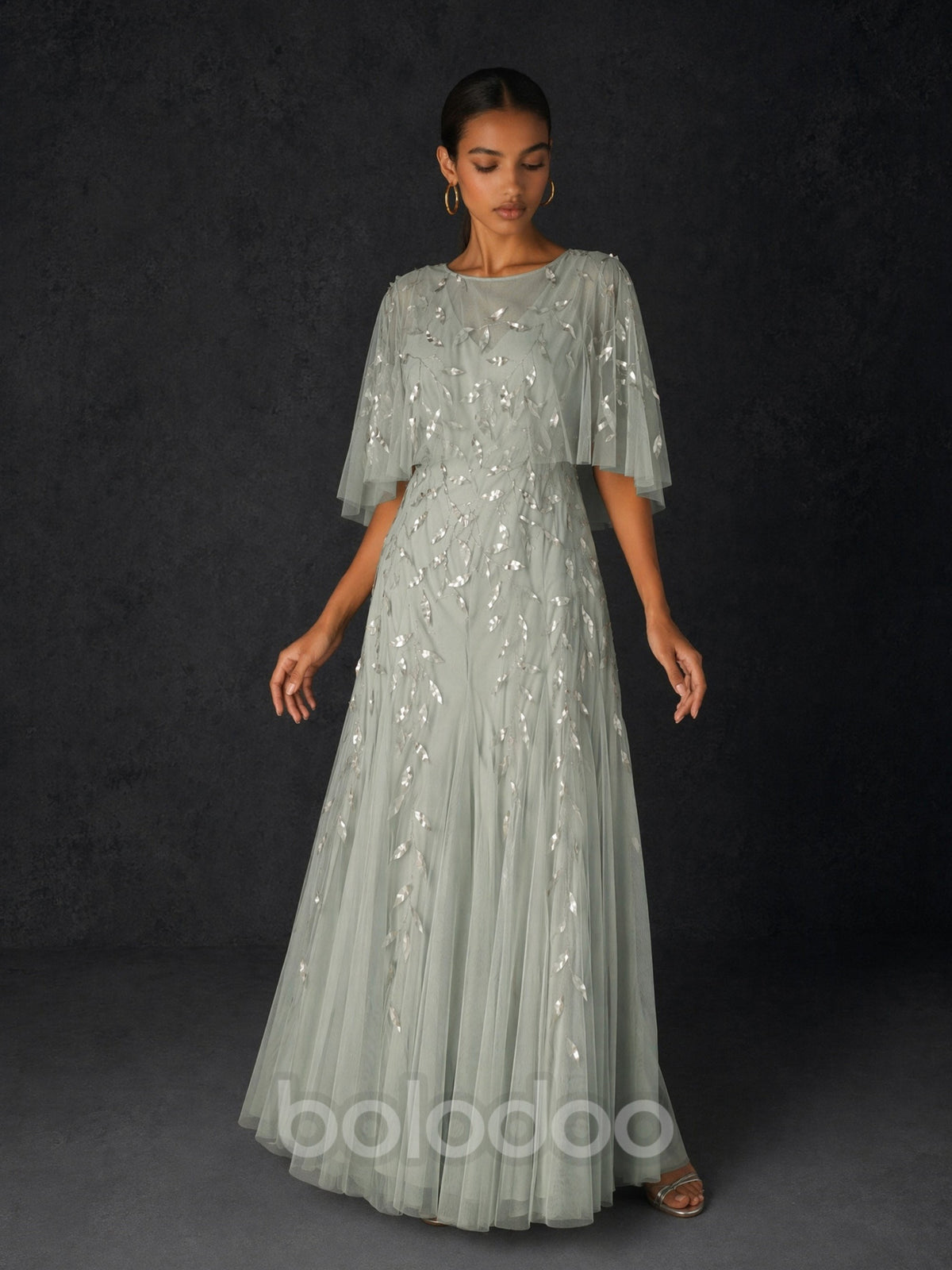 BOLODOO Sage Green Sequin Leaf Embroidered Flutter Sleeve Maxi Dress – A-Line Floor Length Mother of the Bride Gown | BOLODOO watermark