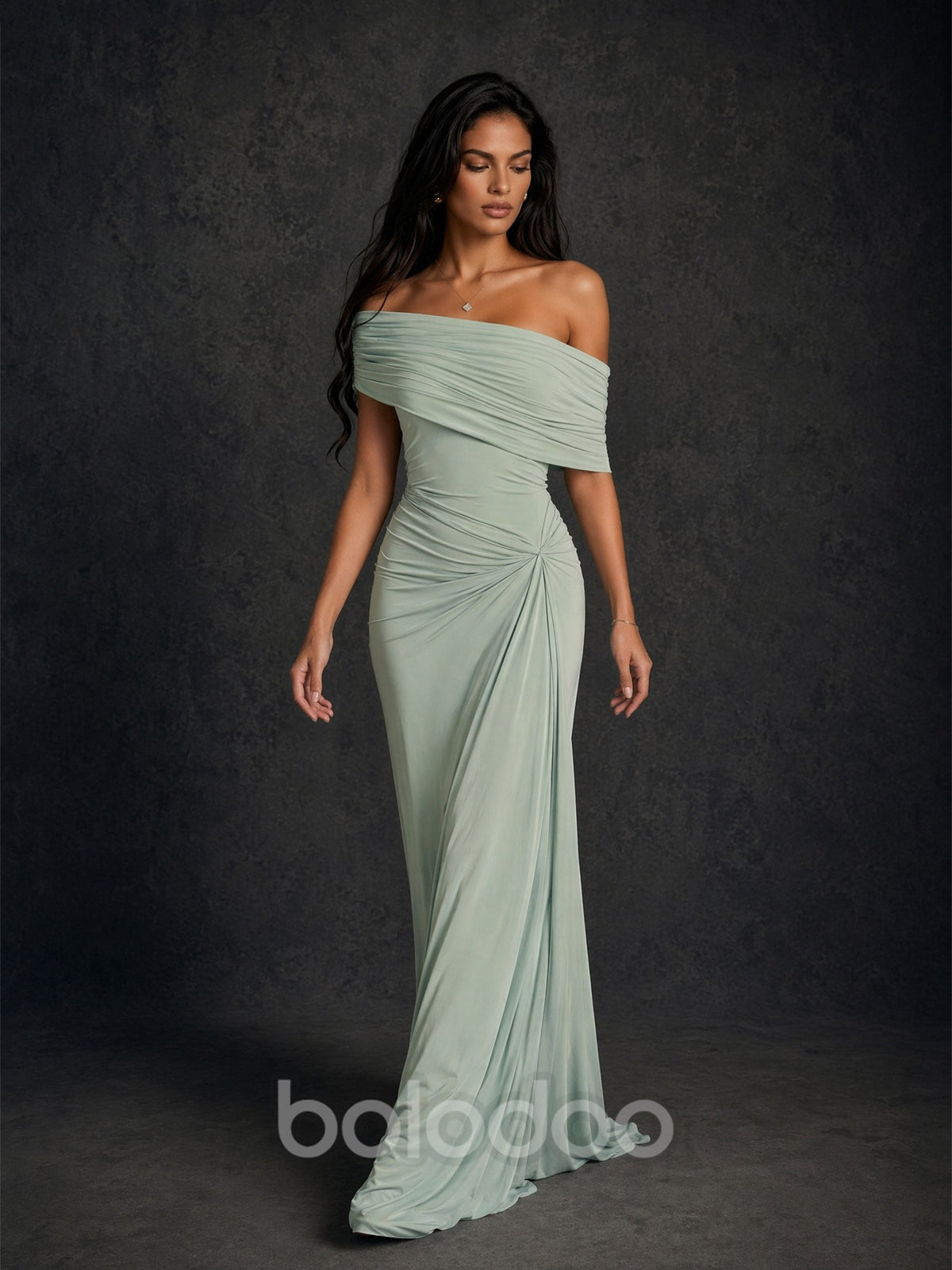 BOLODOO sage green off-shoulder ruched maxi dress - full length front view with slit detail | BOLODOO watermark