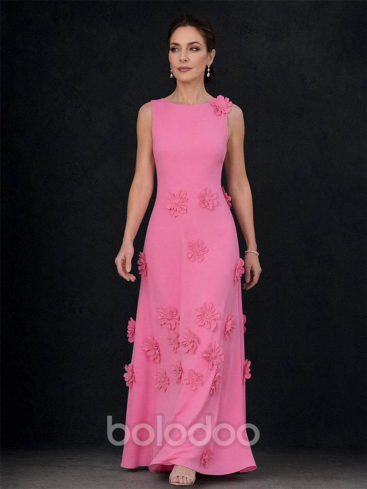 BOLODOO pink 3D floral appliqué sleeveless maxi dress - full length front view | BOLODOO watermark