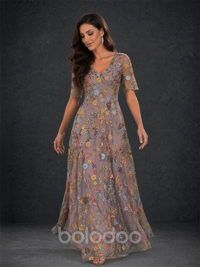 BOLODOO dusty mauve floral embroidered tulle short sleeve V-neck A-line maxi dress - front full length view | BOLODOO watermark