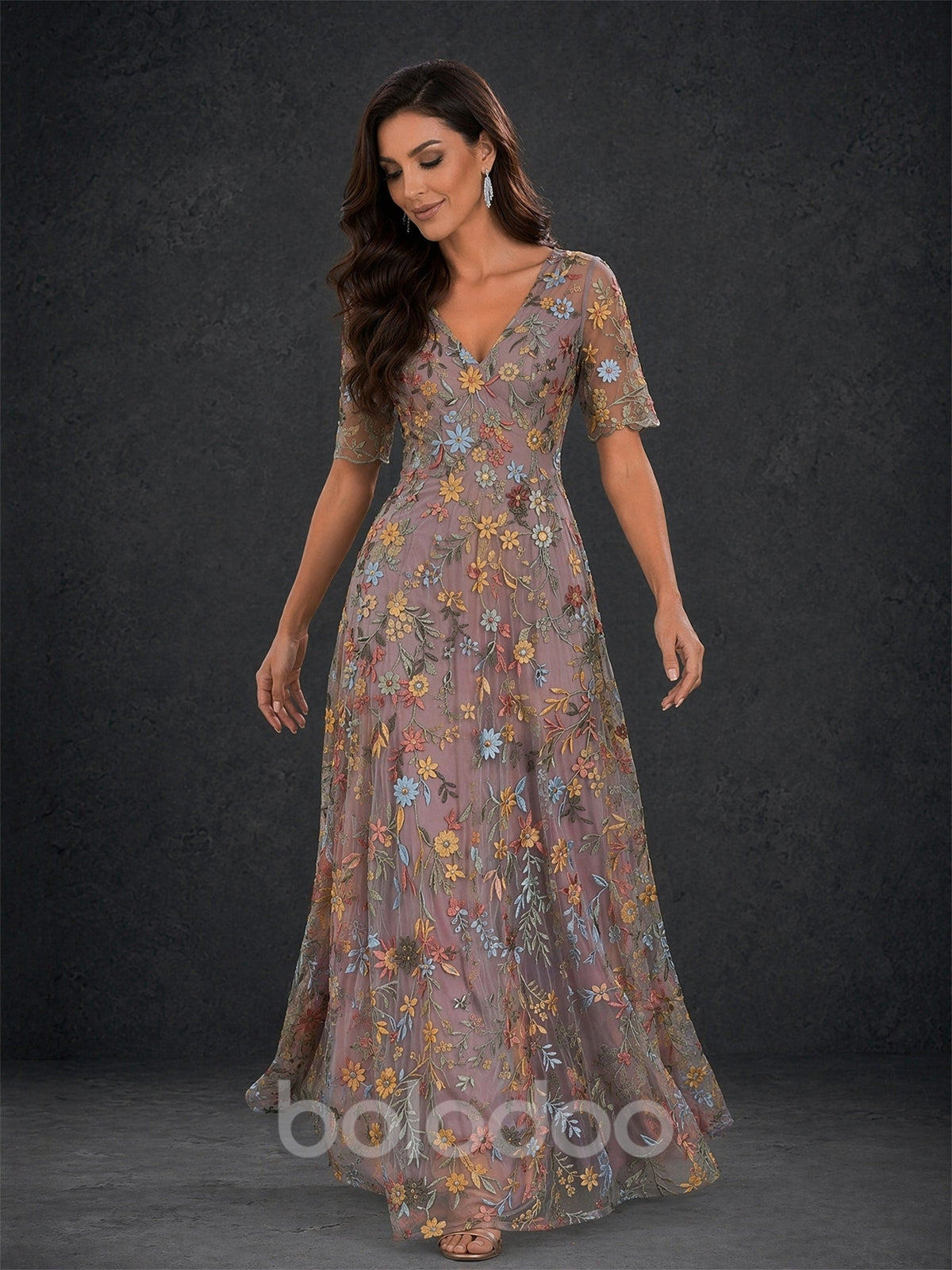 BOLODOO dusty mauve floral embroidered tulle short sleeve V-neck A-line maxi dress - front full length view | BOLODOO watermark