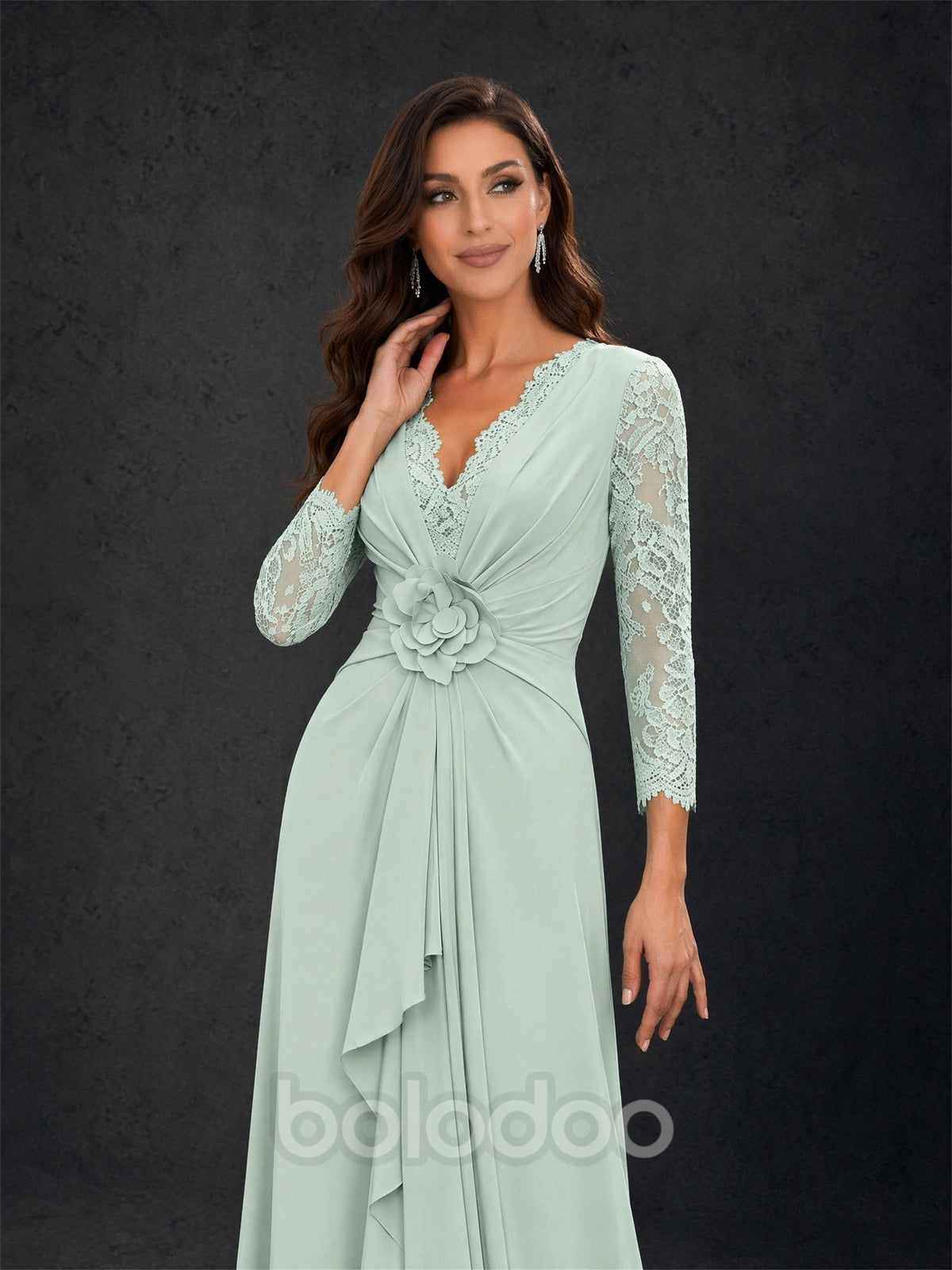 BOLODOO sage green lace sleeve V-neck floral waist chiffon A-line maxi dress - front three-quarter close up bodice | BOLODOO watermark