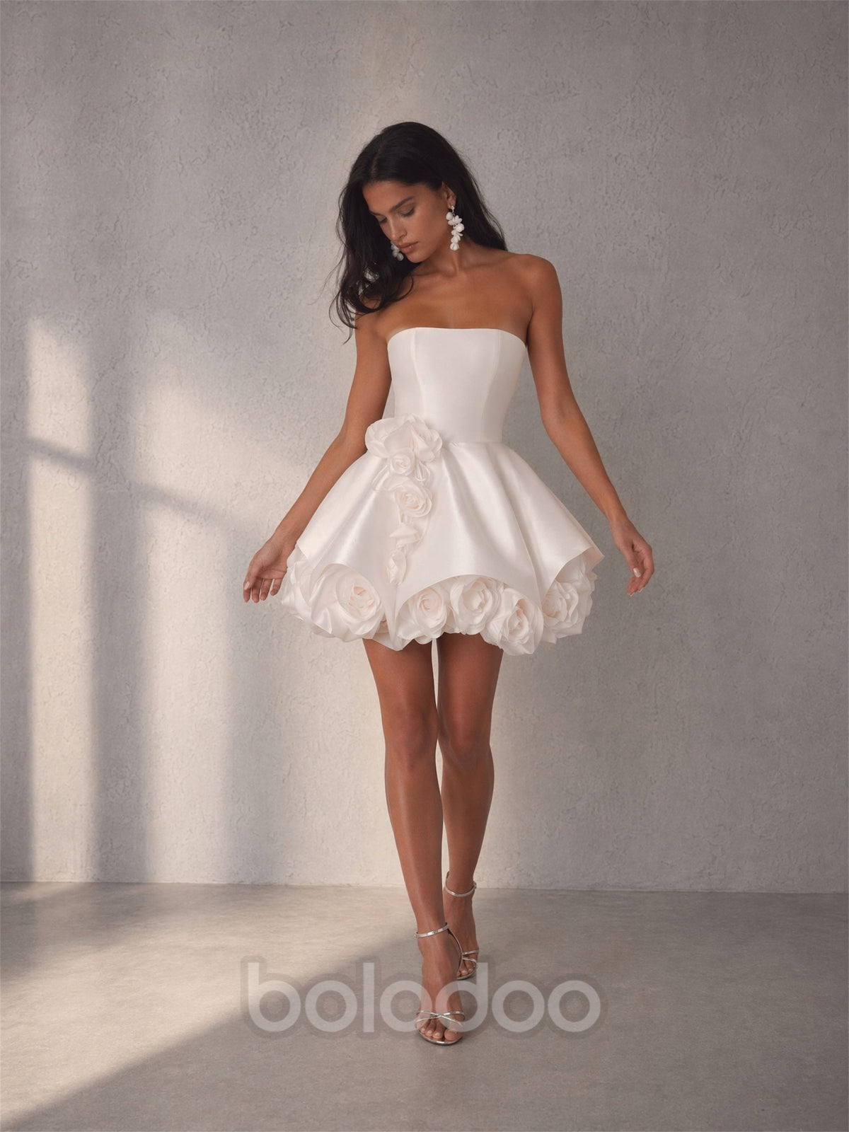 BOLODOO White 3D Rose Bubble Mini Dress - Back View showing Open Back Design | BOLODOO watermark