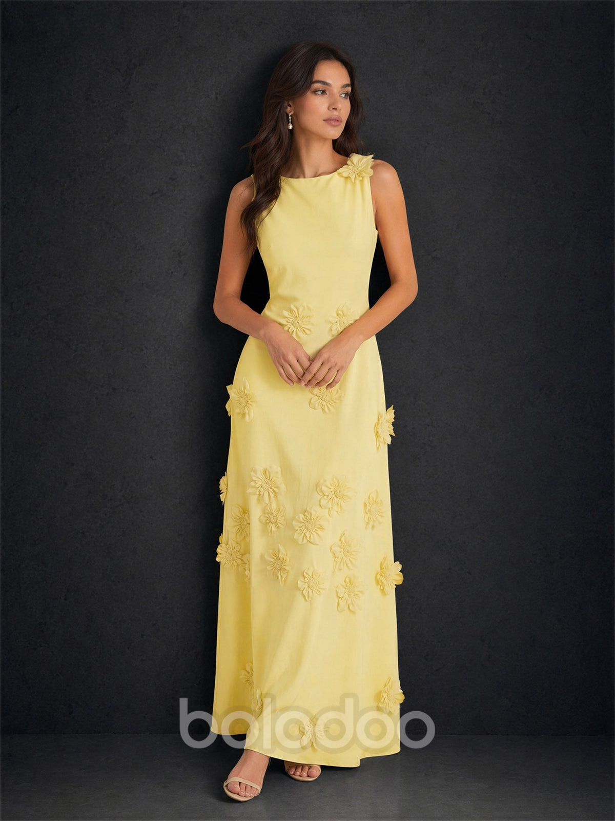 BOLODOO Lemon Yellow Chiffon 3D Daisy Floral Applique Round Neck Sleeveless A-Line Maxi Dress | BOLODOO watermark