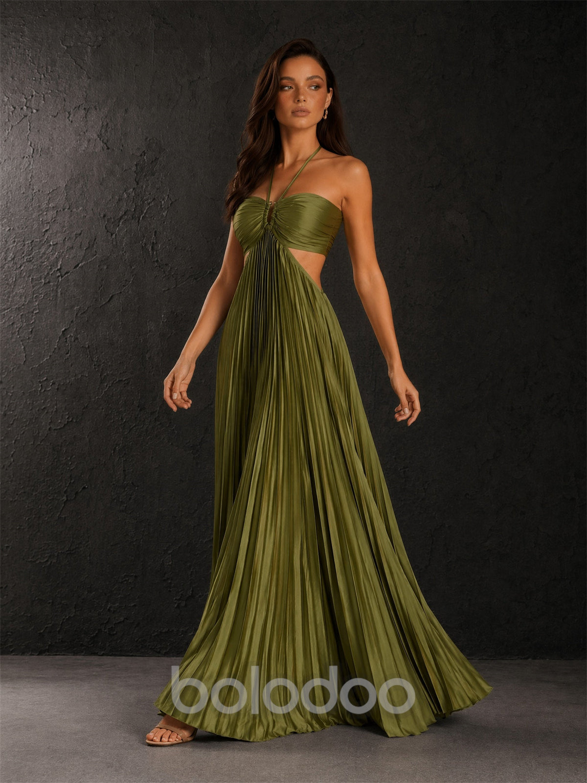 BOLODOO Olive Green Satin Halter Neck Cutout Waist Pleated A-Line Backless Maxi Dress | BOLODOO watermark