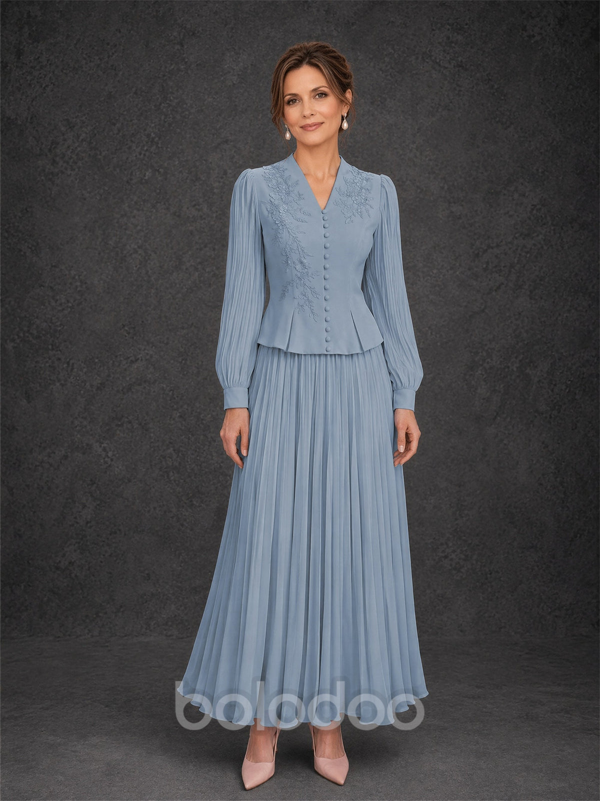 BOLODOO Dusty Blue Lace Embroidered V-Neck Lantern Sleeve Peplum Pleated Maxi Dress - Front Full Length View | BOLODOO watermark