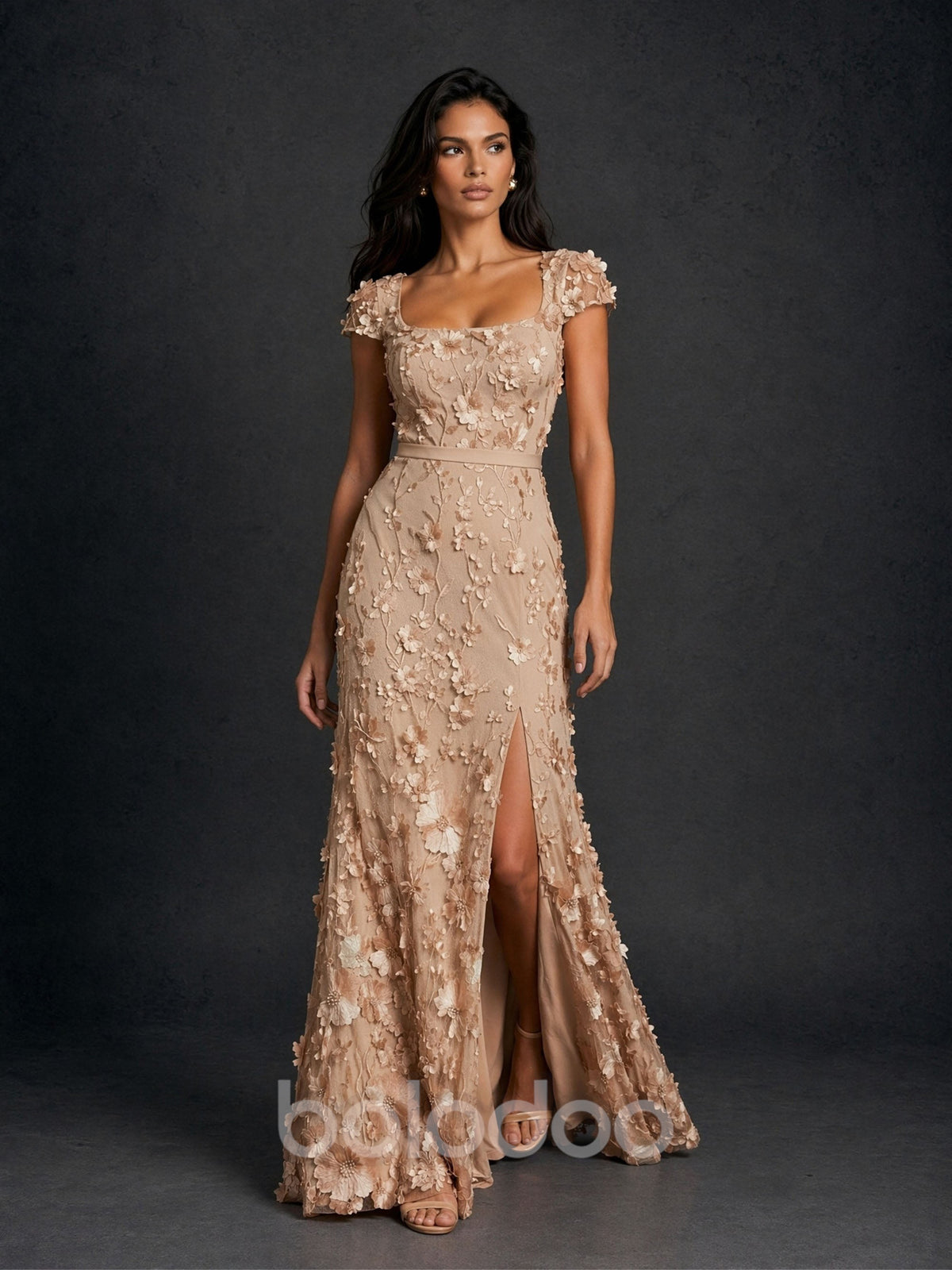 BOLODOO Champagne Gold 3D Floral Square Neck Cap Sleeve Mermaid Maxi Dress - Front Full Length Relaxed Pose | BOLODOO watermark