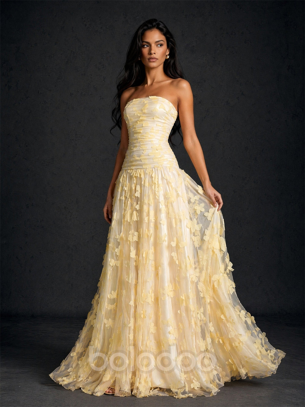 BOLODOO Lemon Yellow 3D Floral Strapless Corset A-Line Maxi Dress - Front Full Length View | BOLODOO watermark