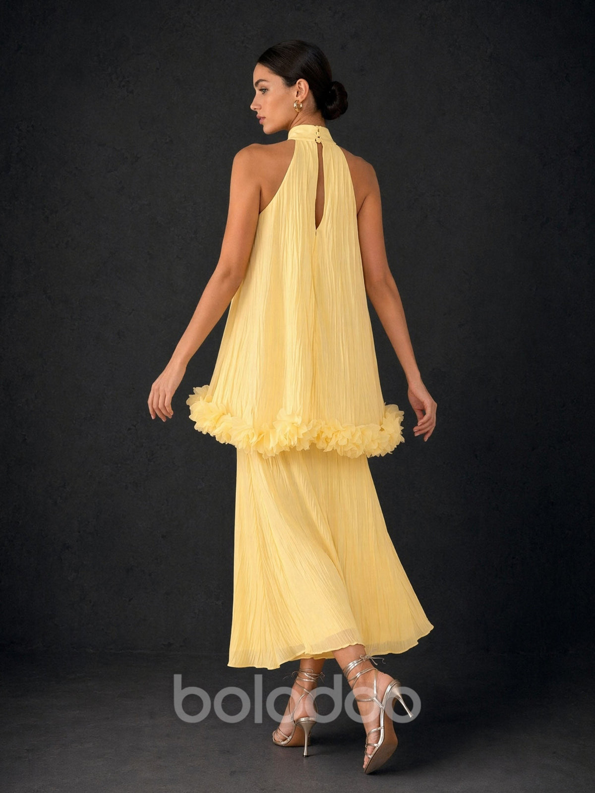 BOLODOO Lemon Yellow Crinkle Chiffon Halter 3D Floral Ruffle Cape Midi Dress - Front Three Quarter View showing Cape Overlay | BOLODOO watermark