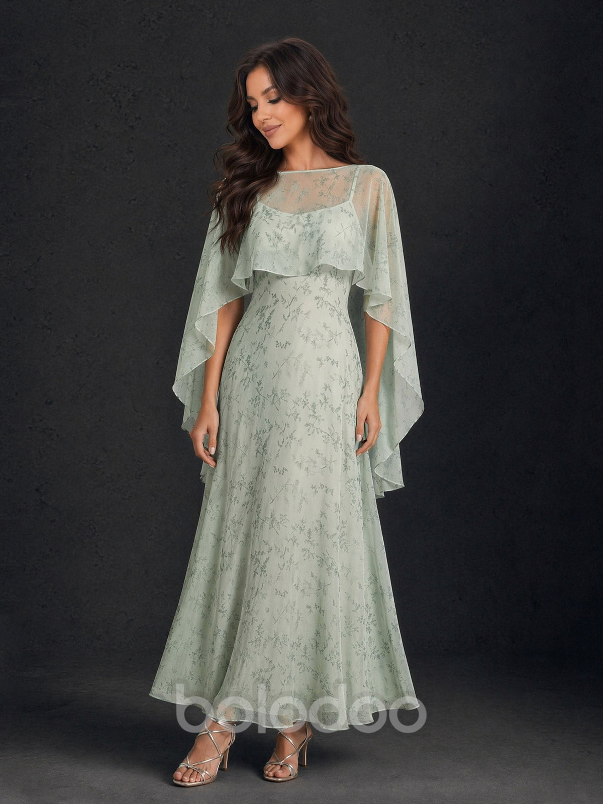 BOLODOO Sage Green Floral Chiffon Illusion Neck Cape Sleeve A-Line Maxi Dress - Front Full Length Smiling View | BOLODOO watermark