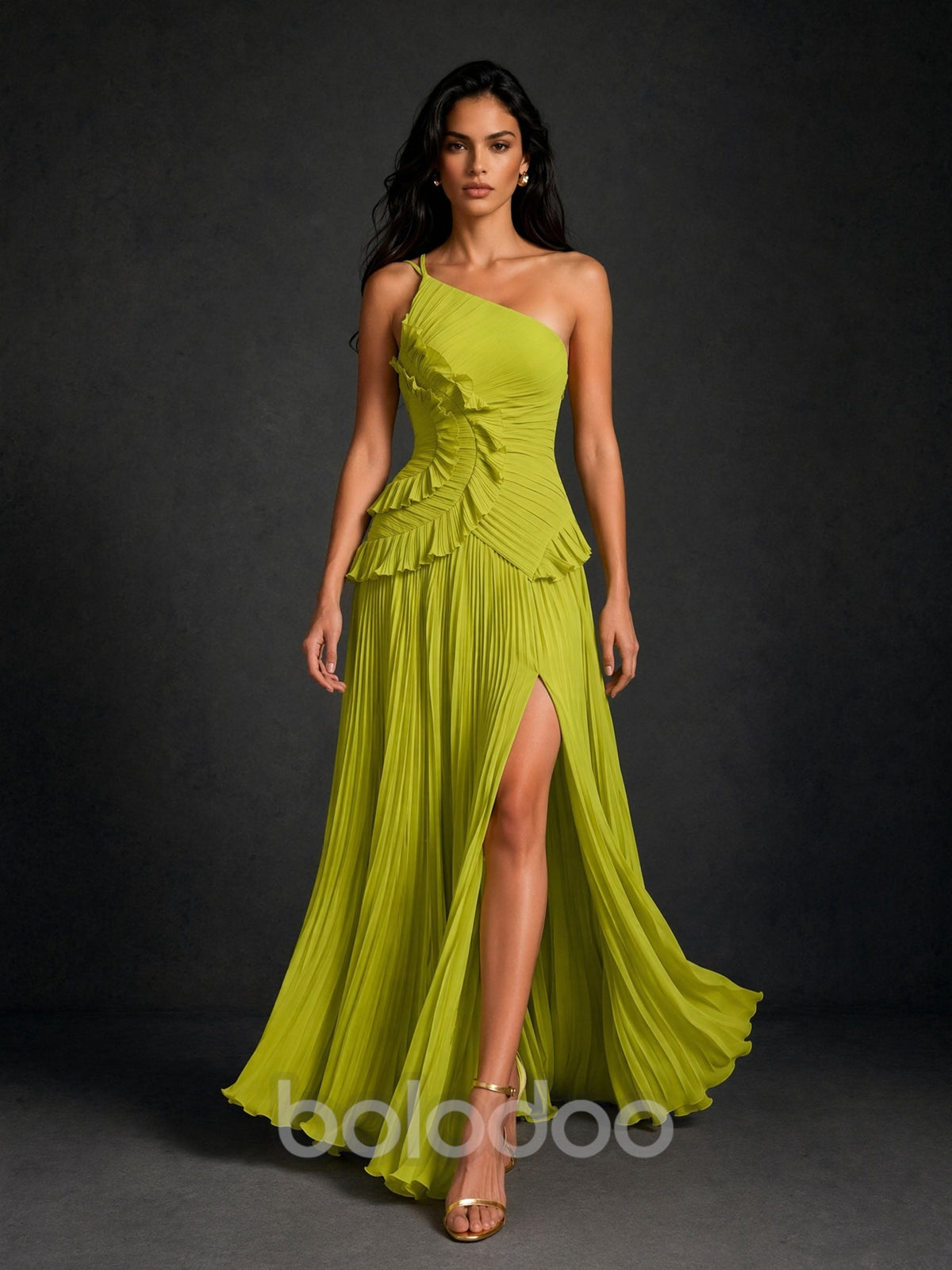 BOLODOO Chartreuse One Shoulder Ruched Ruffle Peplum Pleated Maxi Dress - Front Upper Body Close Up showing Ruffle Peplum Detail | BOLODOO watermark