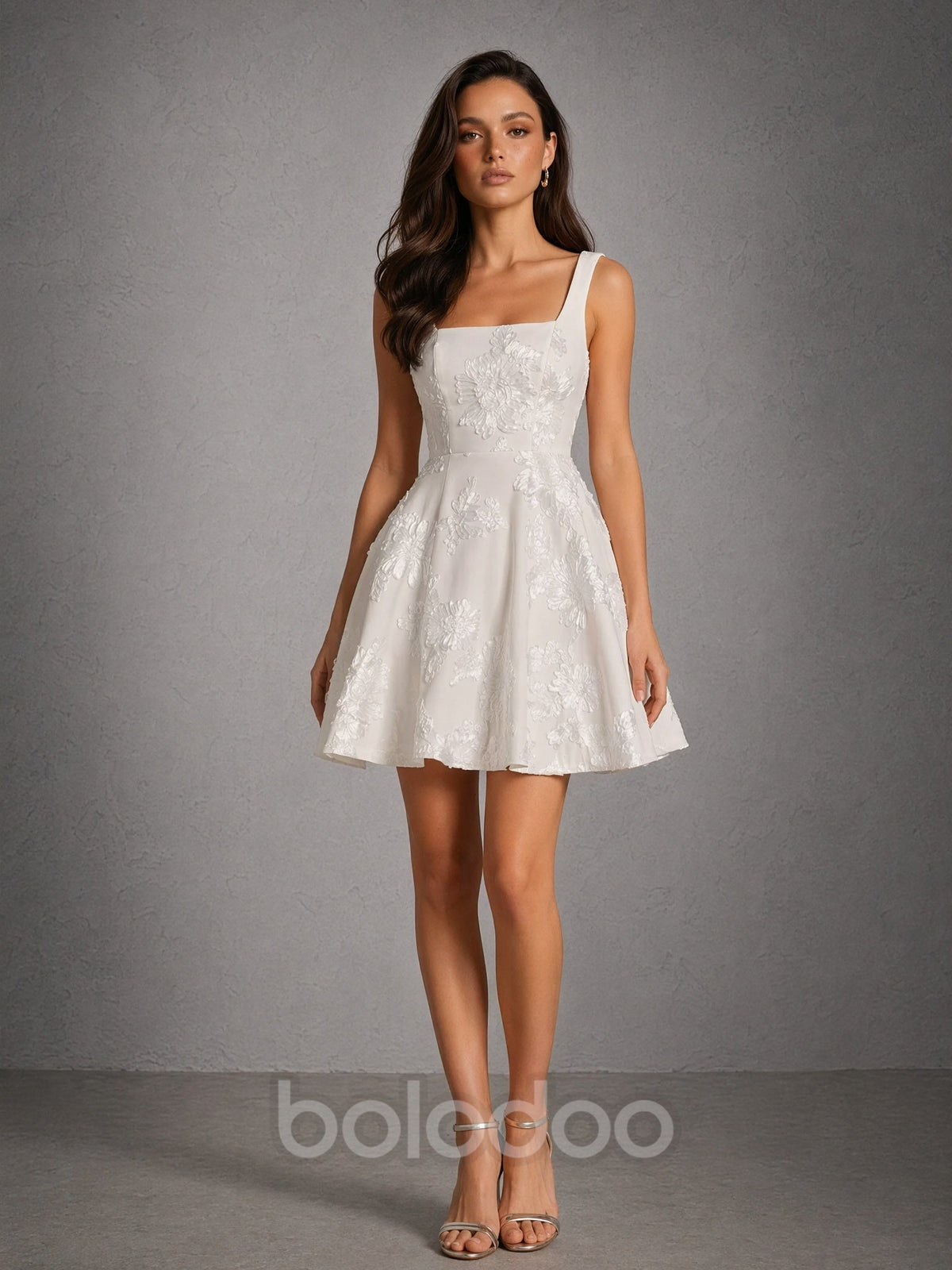 BOLODOO Pearl White Iridescent Floral Embroidered Square Neck A-Line Mini Dress - Front Upper Body Close Up showing Embroidery Detail | BOLODOO watermark