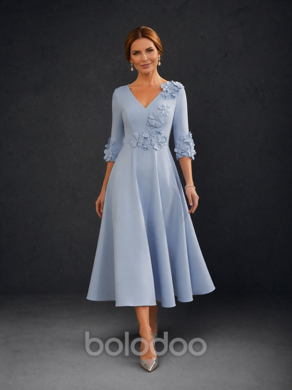 BOLODOO Dusty Blue 3D Floral V-Neck Three Quarter Sleeve A-Line Tea Length Dress - Front Full Length Smiling View | BOLODOO watermark